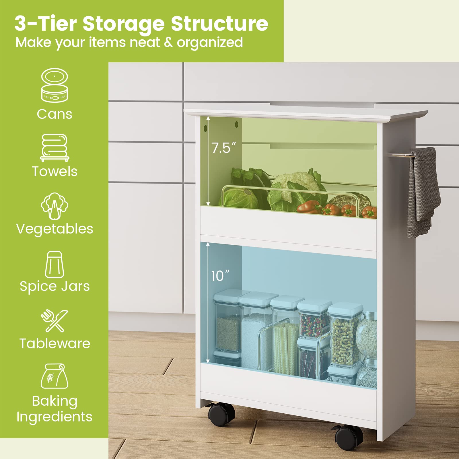 Giantex Slim Storage Cart, 3-Tier Rolling Slide Out Utility Cart w/ Handle, White