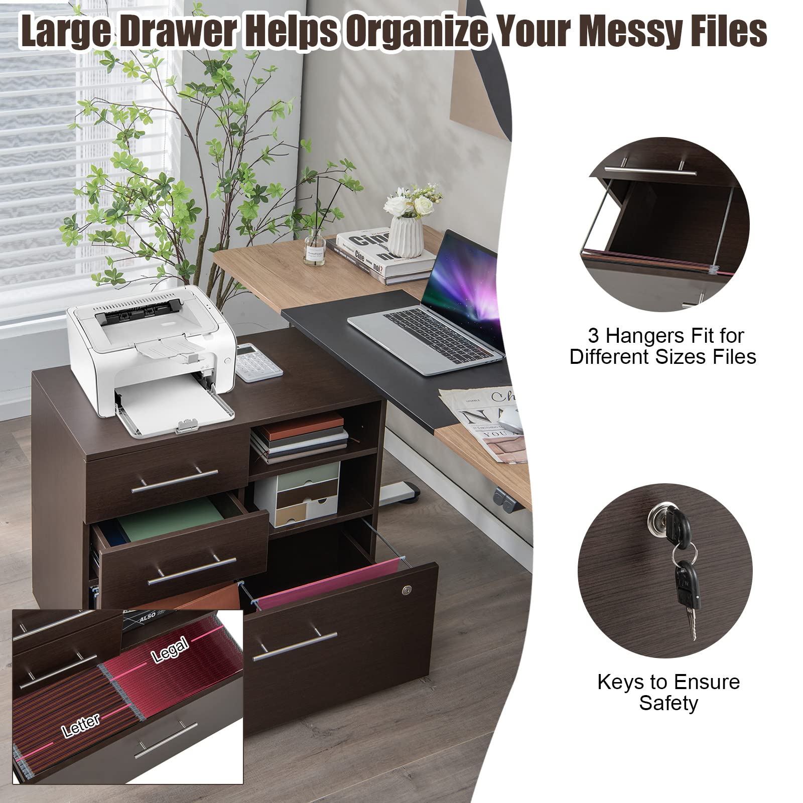 Giantex 3-Drawer Lateral File Cabinet - Under Desk Printer Stand with Storage Shelves