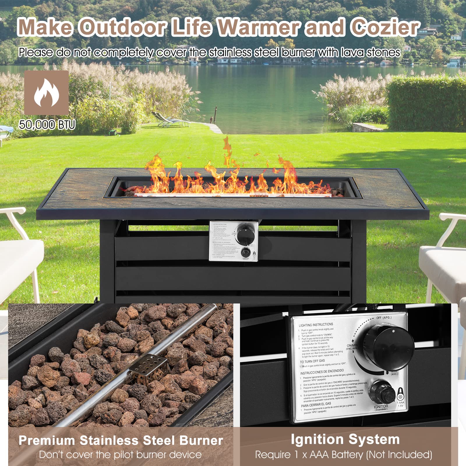 Giantex 42" Propane Fire Pit - 50,000 BTU Rectangular Outdoor Gas Firepit with Lid