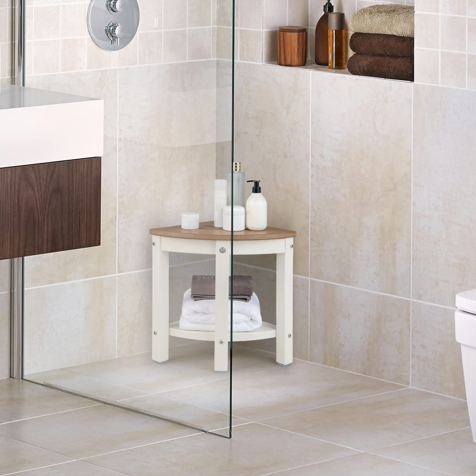 Giantex Corner Shower Stool Waterproof - HDPE Shower Bench Seat with Storage Shelf