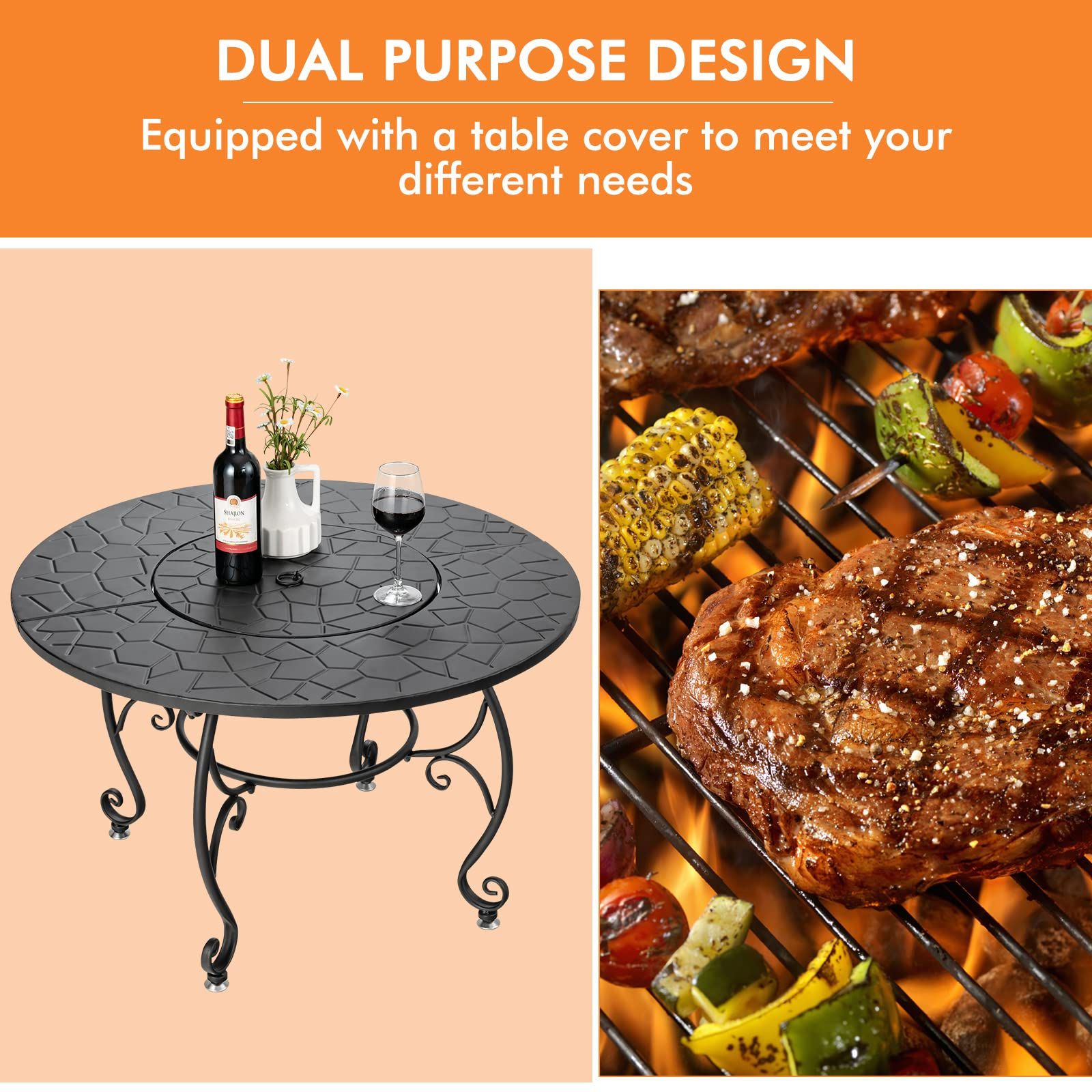 Fire Pit Table 4-in-1 Outdoor Dining Table, 36 Inch Multifunctional Metal Round Patio Table