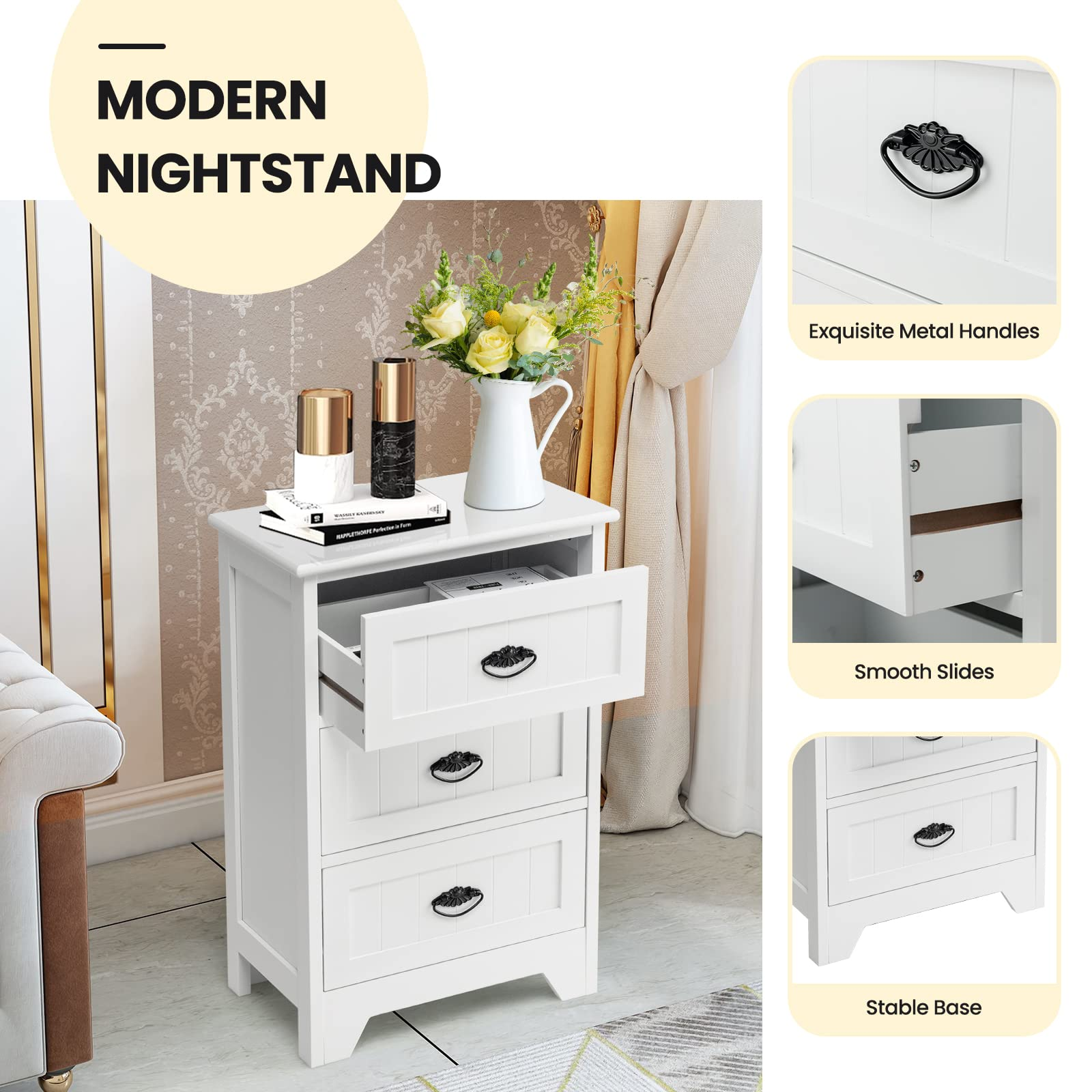 Giantex Nightstand with 3 Drawers Bedside Table Giantexus