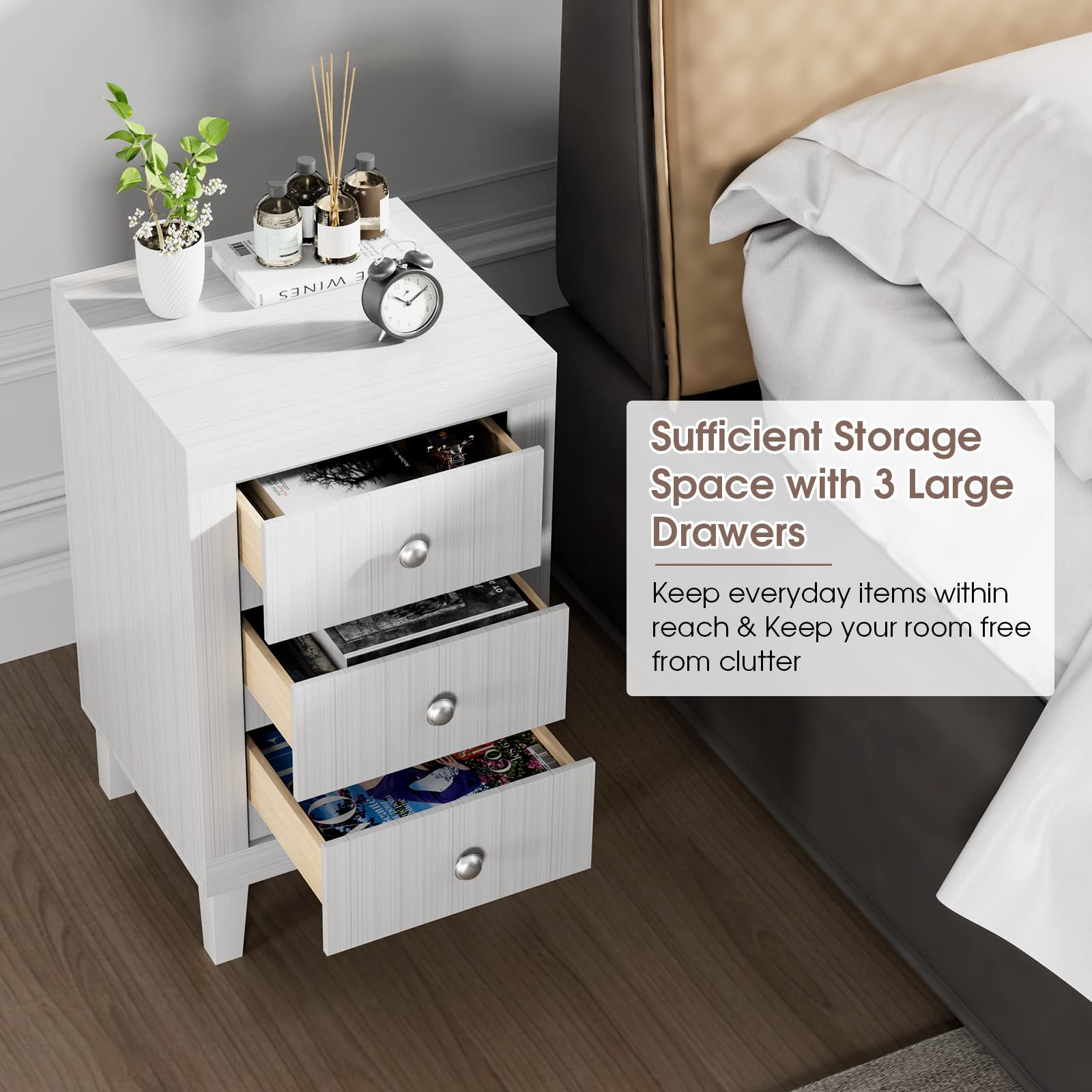 Giantex Nightstand with 3 Drawers, 26.5" Wood End Side Table w/Handles & Rubber Solid Wood Legs