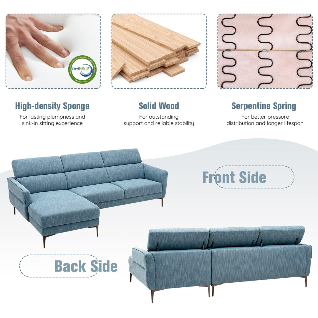Giantex L-Shaped Sofa Couch, 3-Seat Upholstered Sofa with Wide Chaise Lounge, Adjustable Headrest, Blue