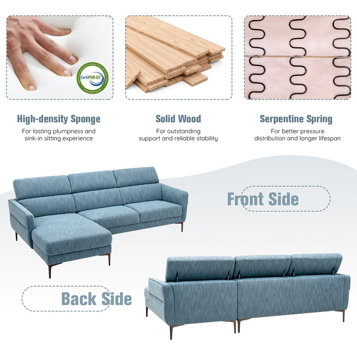 Giantex L-Shaped Sofa Couch, 3-Seat Upholstered Sofa with Wide Chaise Lounge, Adjustable Headrest, Blue