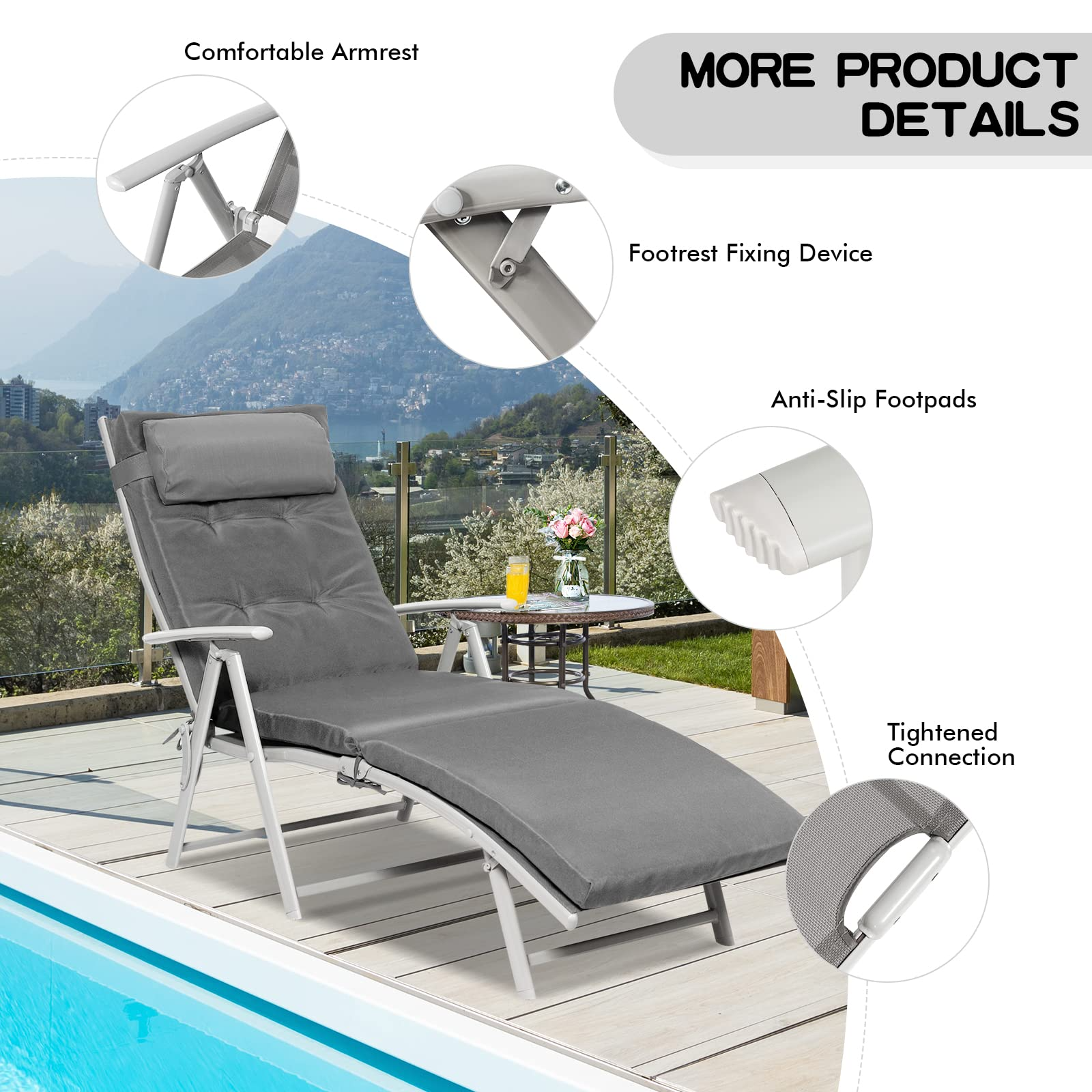 Pool Folding Reclining Beach Chair W/Removable Cushion&Headrest Pillow