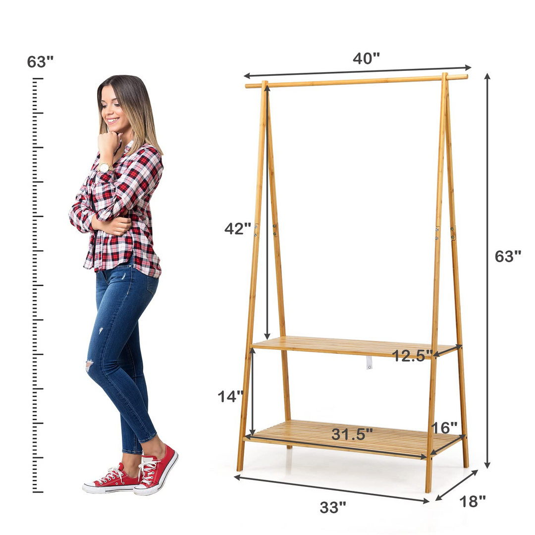 2-Tier 5.3Ft 100% Bamboo Garment Rack with Top Hanging Rod and Bottom Storage Shelves