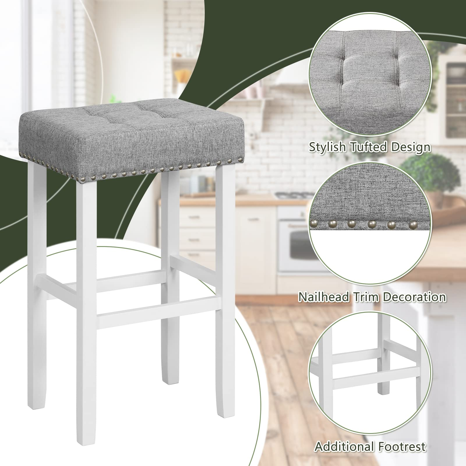 Giantex Bar Stools Set of 2-29" Bar Height Backless Barstools with Nailhead Linen Foam Seat