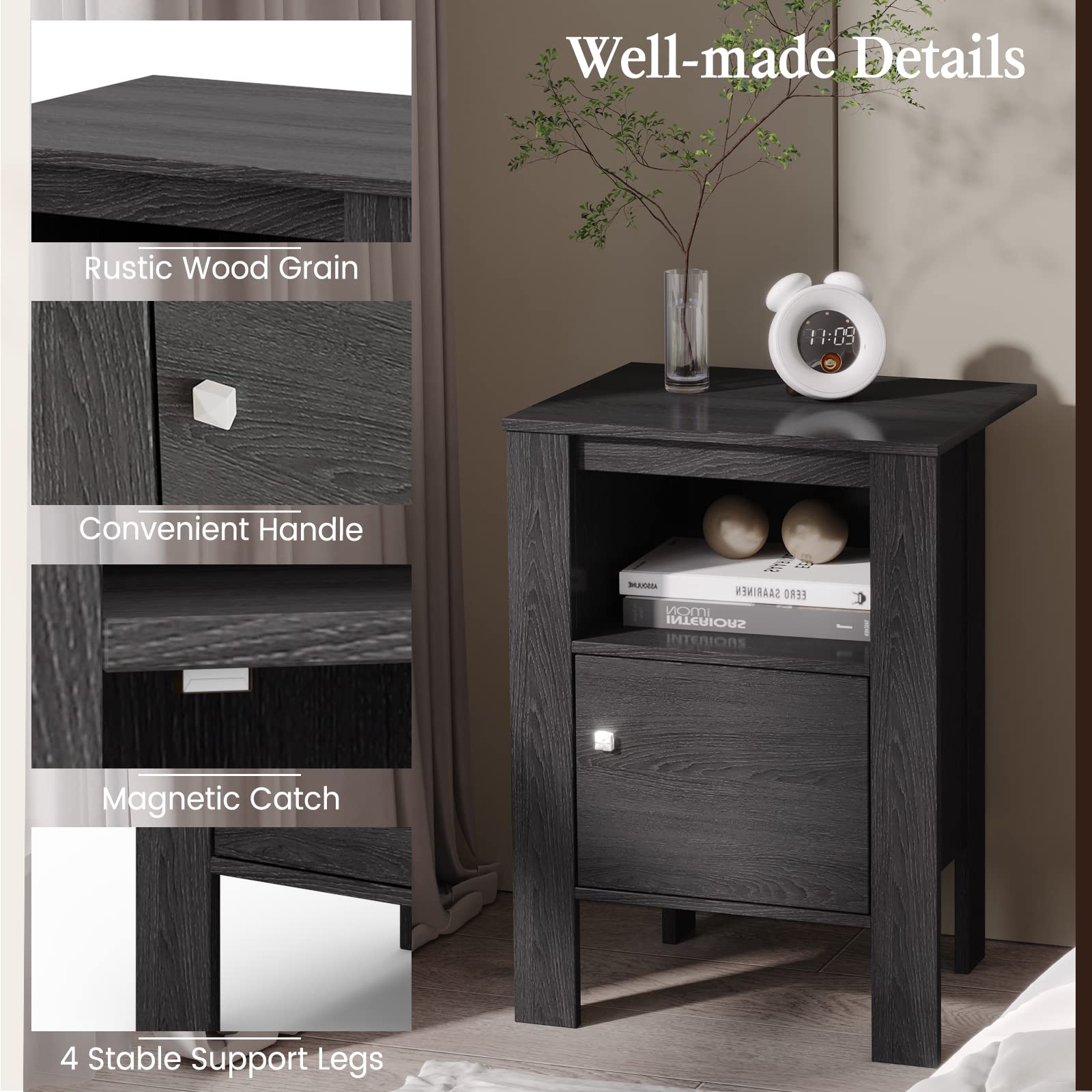 Giantex Farmhouse Nightstand Set of 2, Bedside Table w/Open Shelf & Cabinet