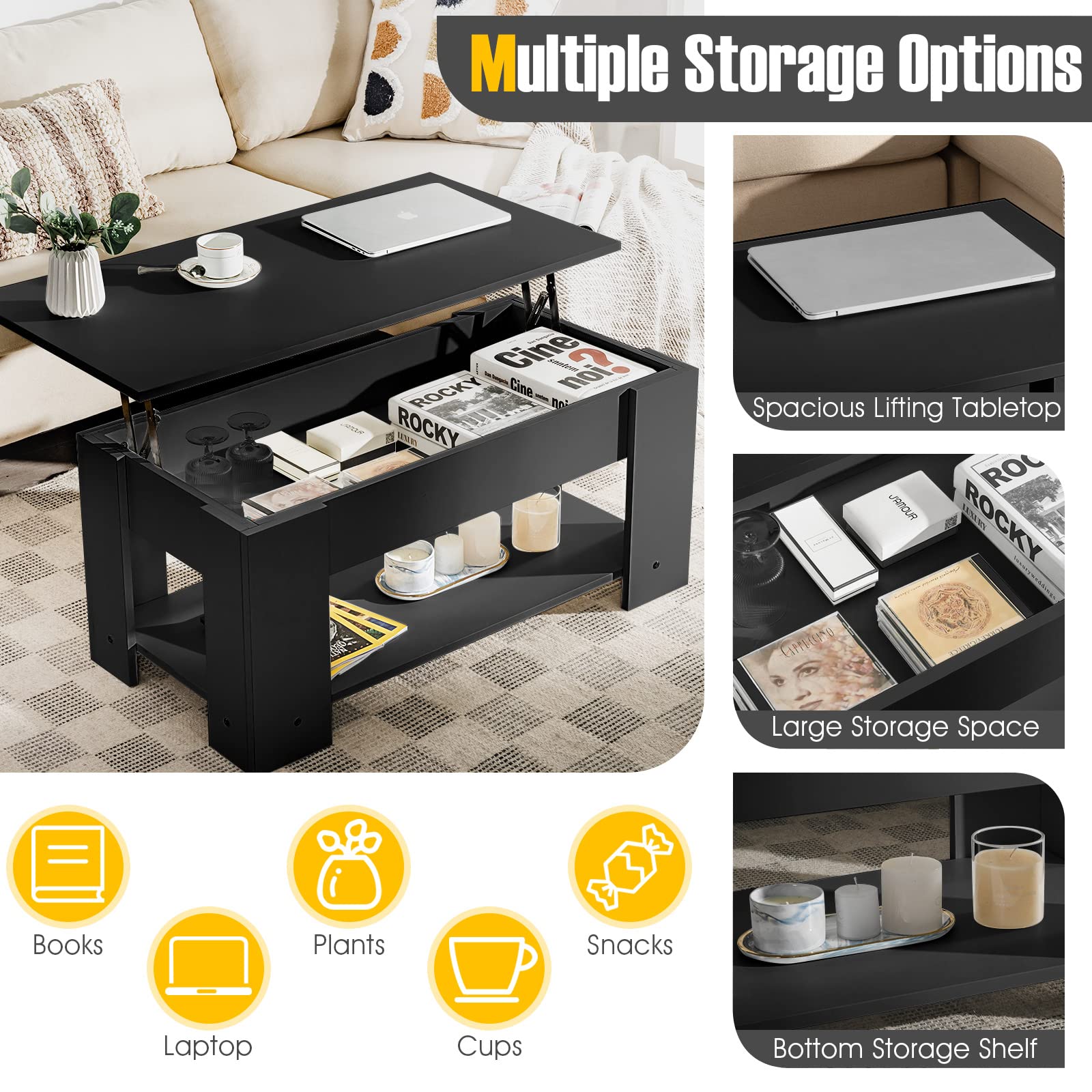 Giantex Lift Top Coffee Table, Modern Cocktail Table w/Hidden Compartment & Open Storage Shelf