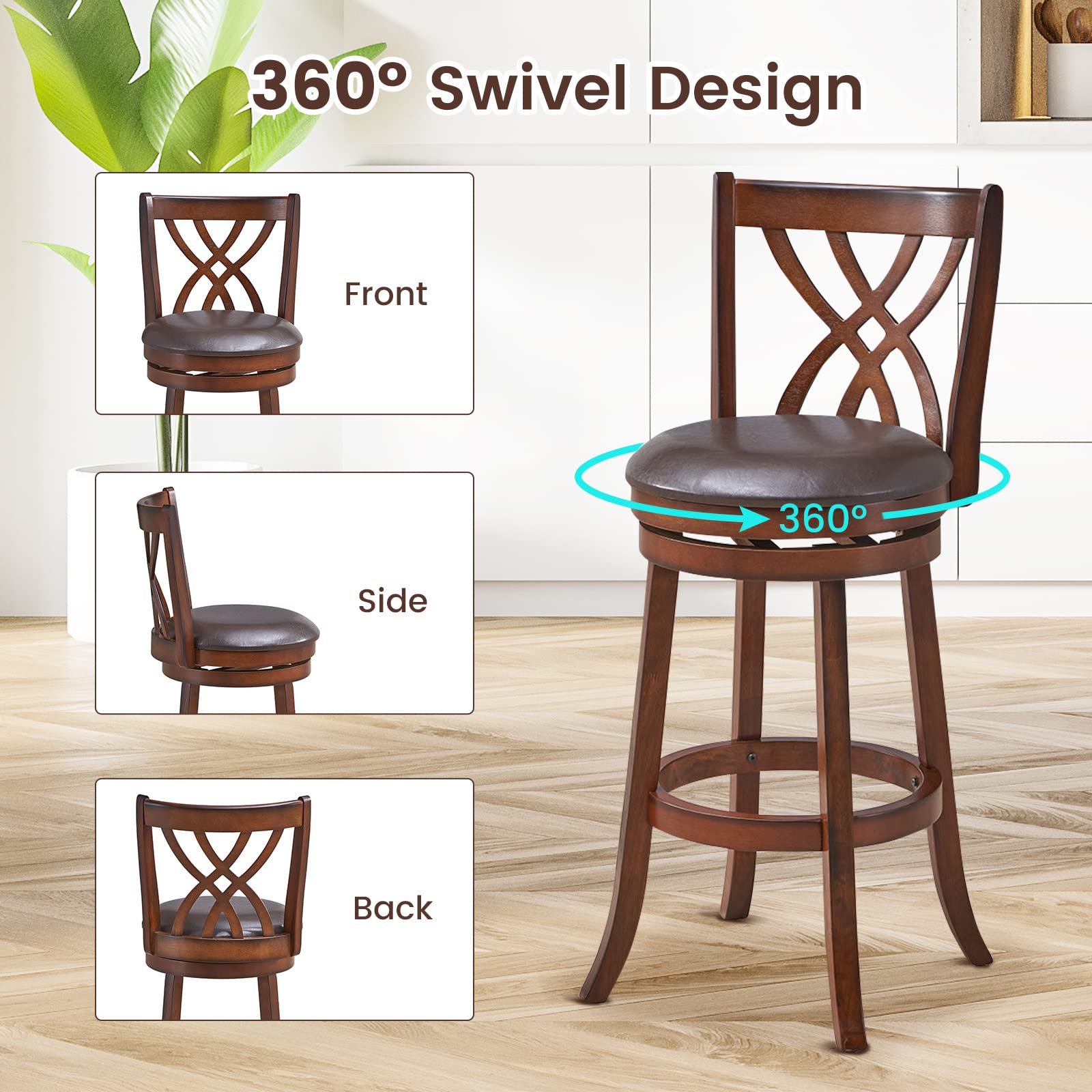 Giantex Brown Bar Stools PU Leather Cushioned Seat and Footrests, for Kitchen Island