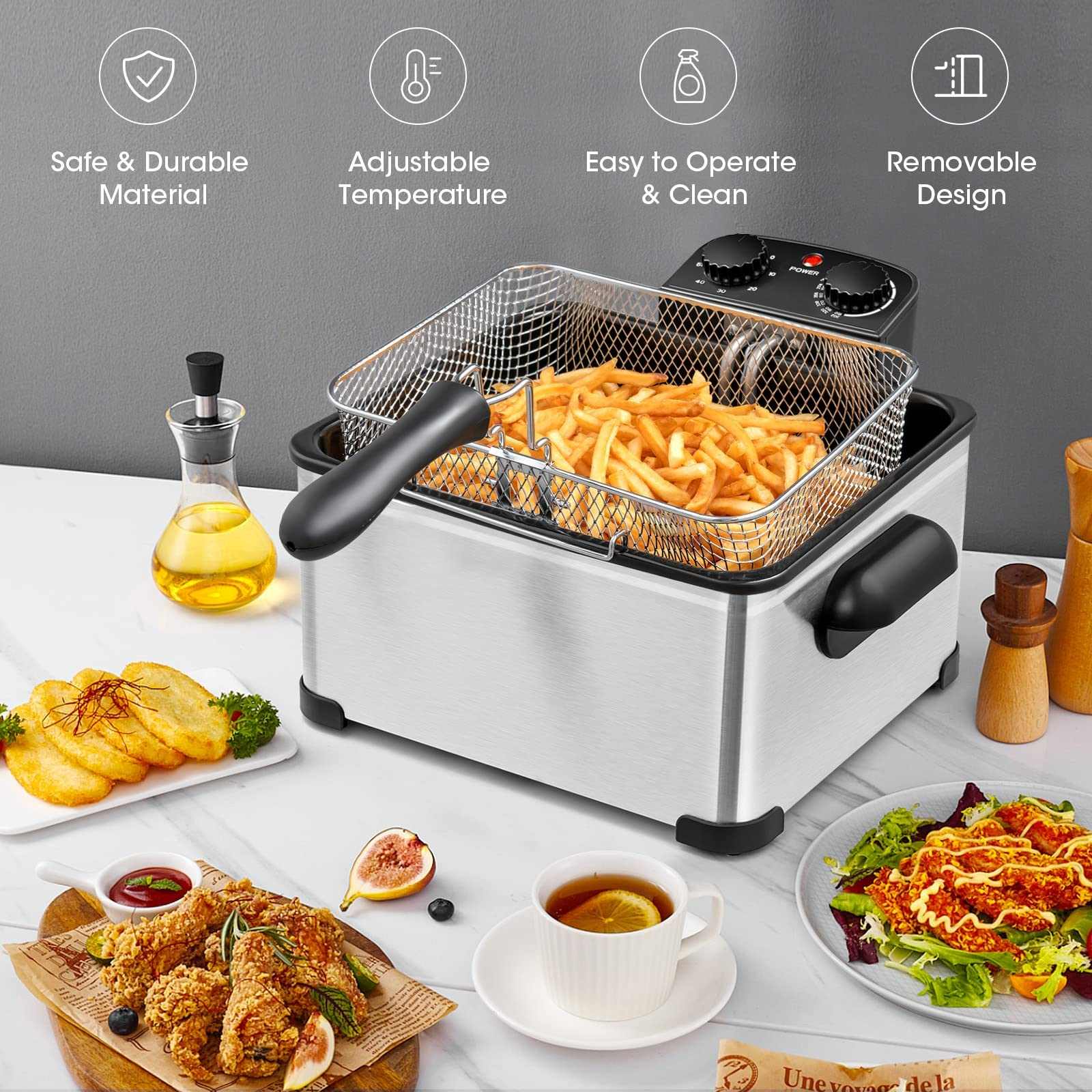 Giantex 1700W Electric Deep Fryer with 3 Baskets, 5.3QT/21-Cup Frier Cookers Home Fryer