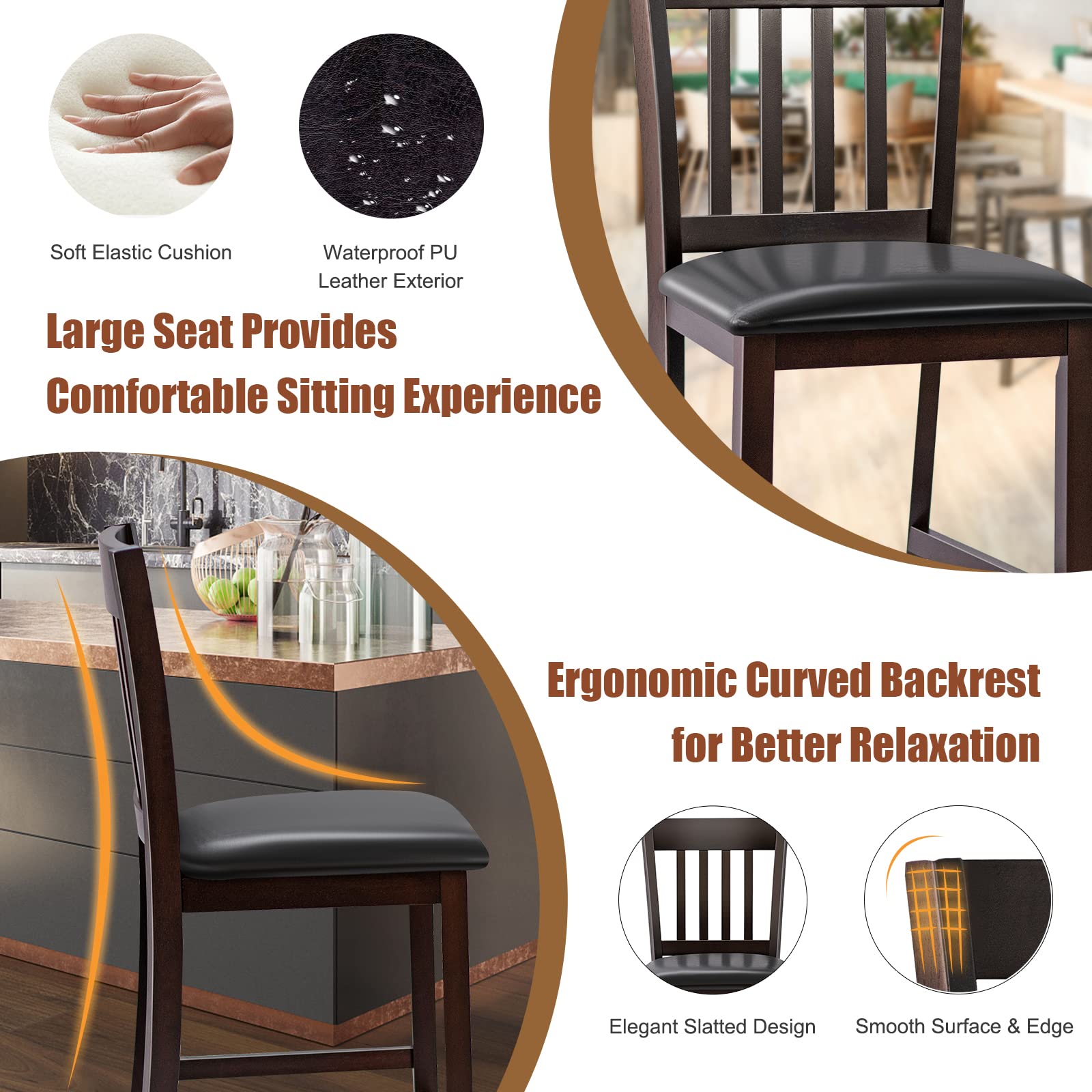 Giantex 25” Counter Height Pub Chairs with Rubber Wood Legs, Armless Bar Chairs with Elastic Cushion & PU Cover for Kitchen