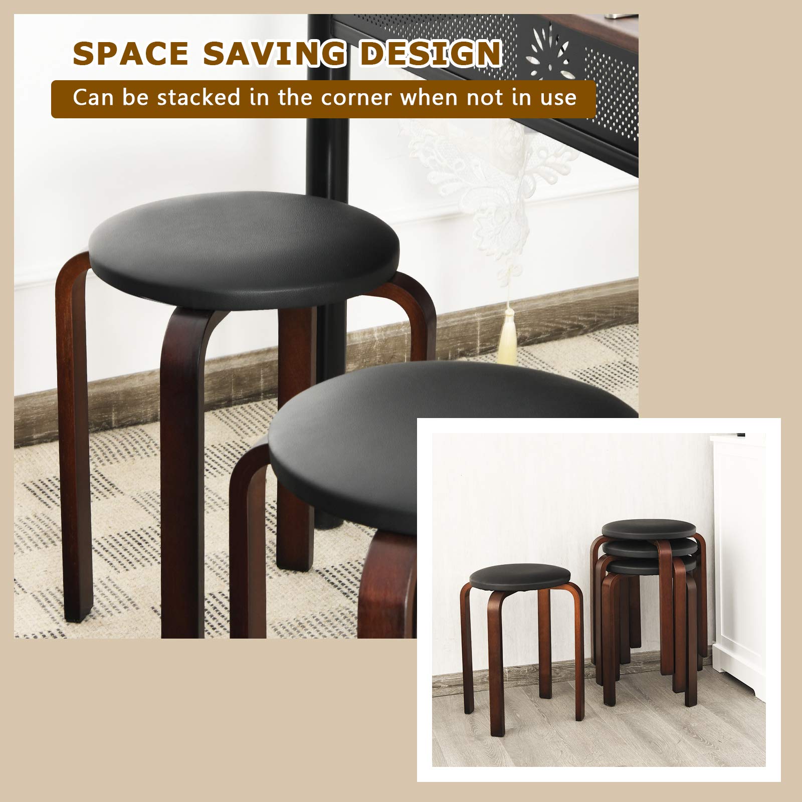 4-Pack Bentwood Stack Stools, 18.5-Inch Portable Stools with PU Leather Round Top, Non-Slip Foot Mats