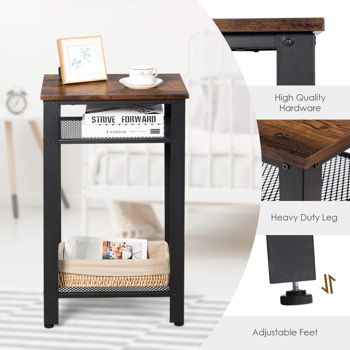 Side Table Industrial 3-Tier W/Mesh Shelves