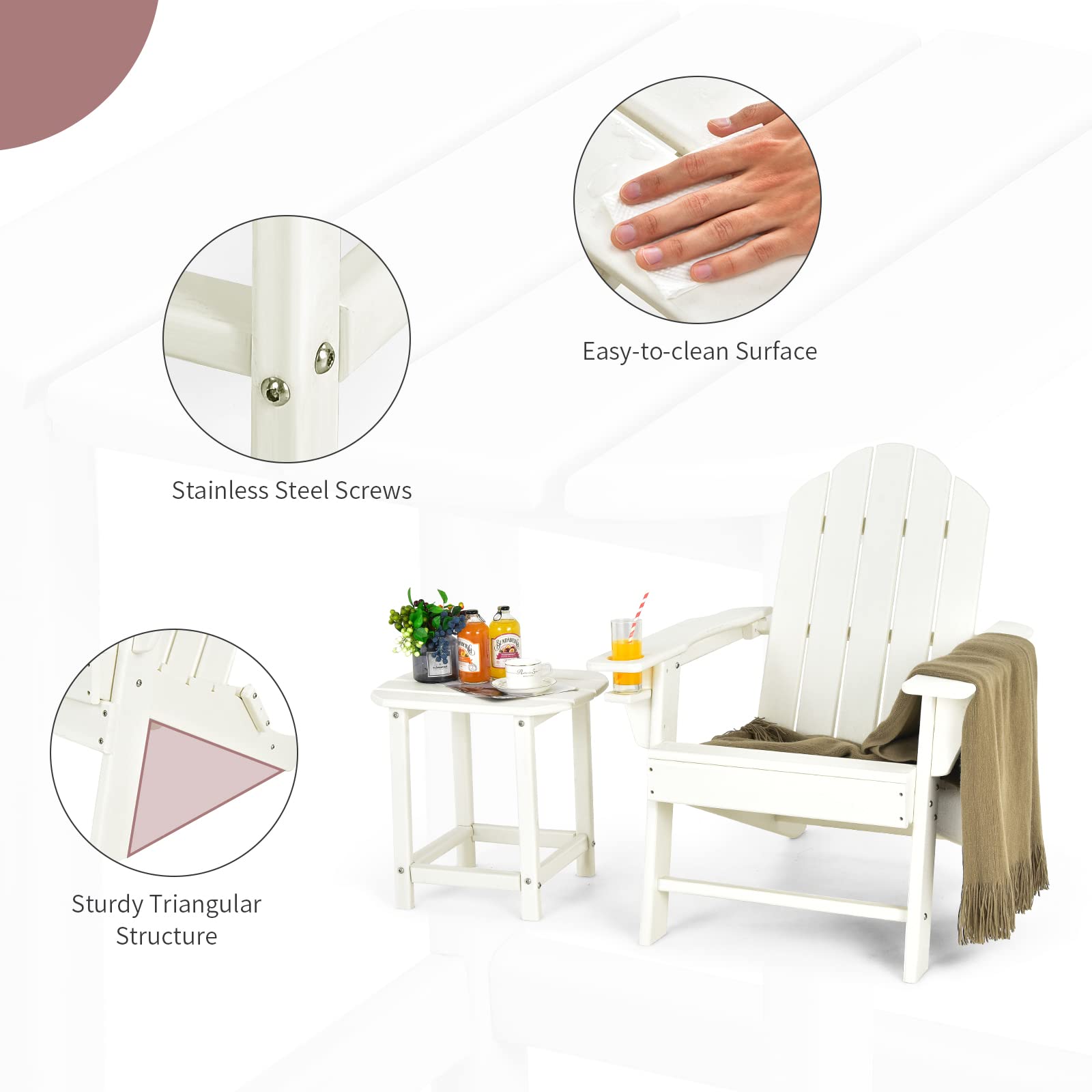 Adirondack Chair with Side Table, Outdoor Fire Pit Chair Set with End Table, White