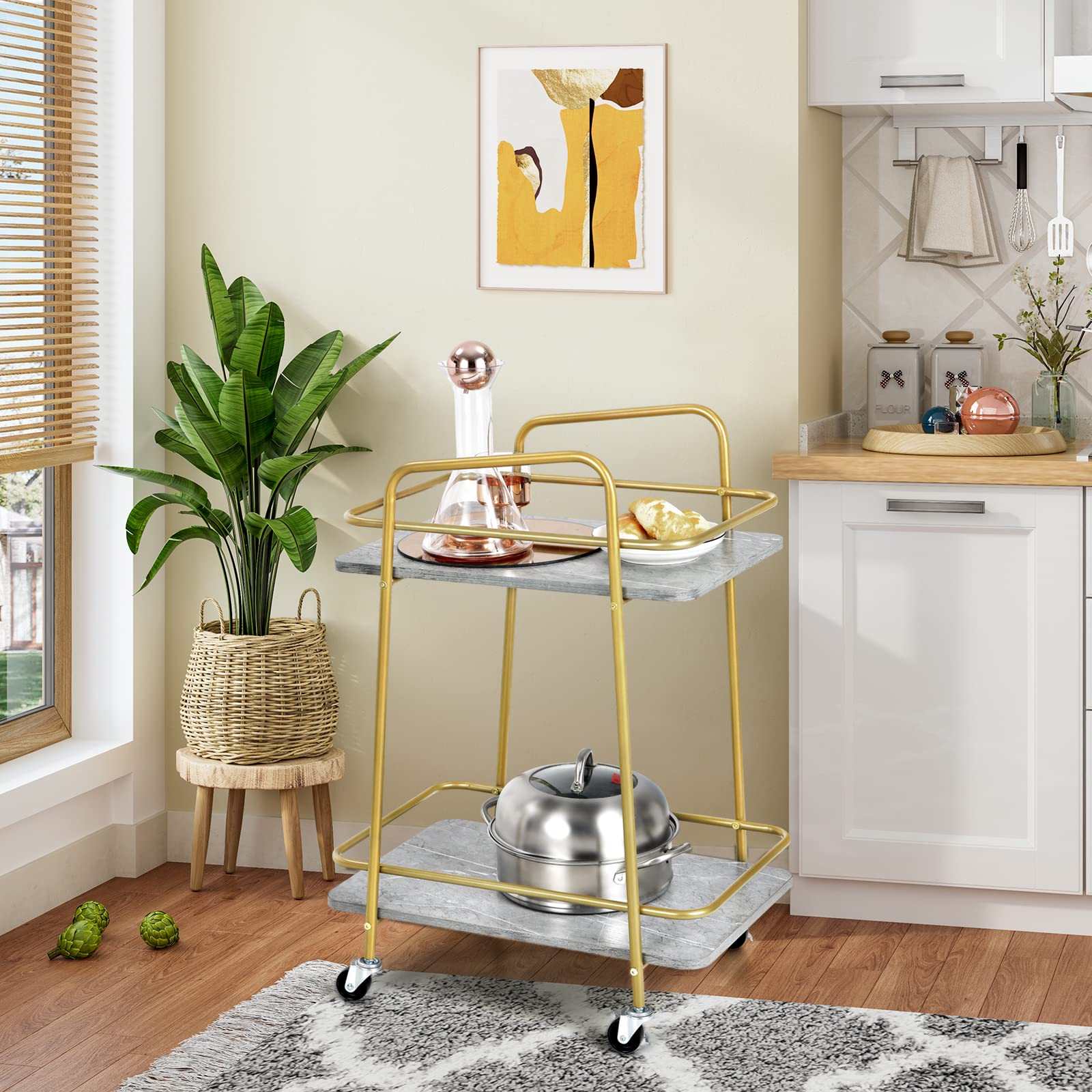 Giantex Gold Bar Cart, Island Service Cart, 2 Tier Storage Shelves with Guardrail for Dining Room Wine Coffee Bar