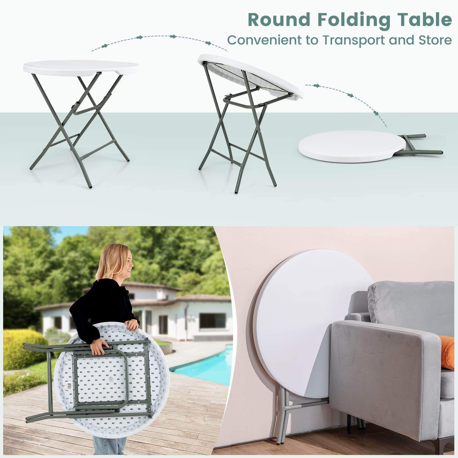 Giantex 32 Inches Round Folding Table, Portable Plastic Card Table with Thickened HDPE Tabletop and Sturdy Metal Frame, White