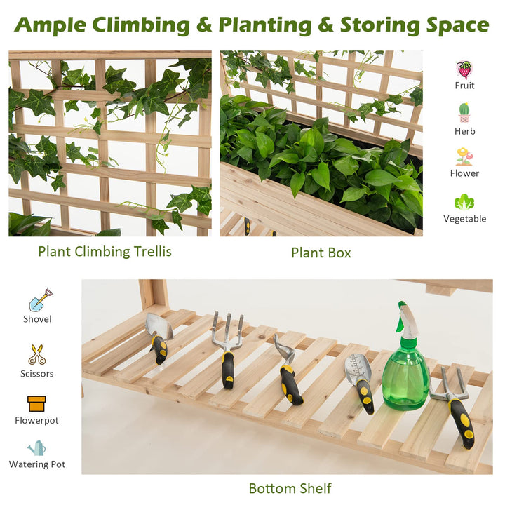 Giantex Raised Garden Bed on Wheels, Wood Planter with Trellis, Black Liner Storage Shelf