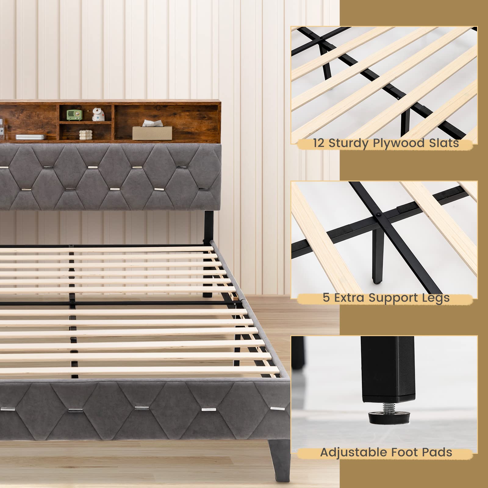 Giantex Full Size Bed Frame with Storage Headboard