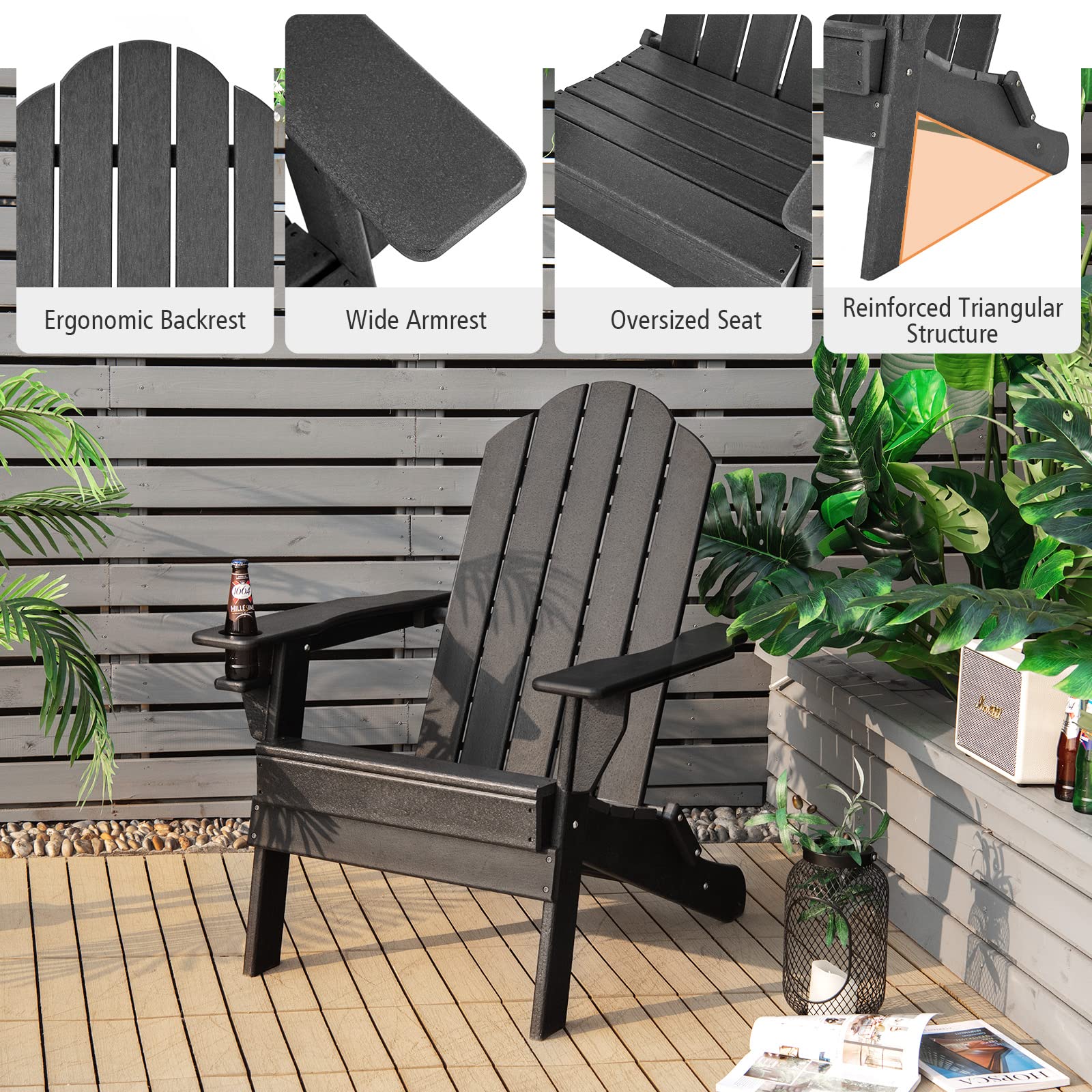 Adirondack Chair Outdoor Folding Chairs, Weather Resistant Patio Chair with Built-in Cup