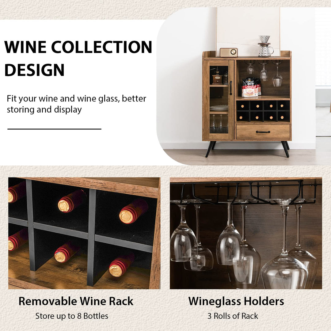 Giantex Buffet Sideboard with Drawer, Wine Cabinet for 8 Bottles, Glass Holder, 3 Tier Cupboard Tempered Glass Door (Rustic Brown & Black)