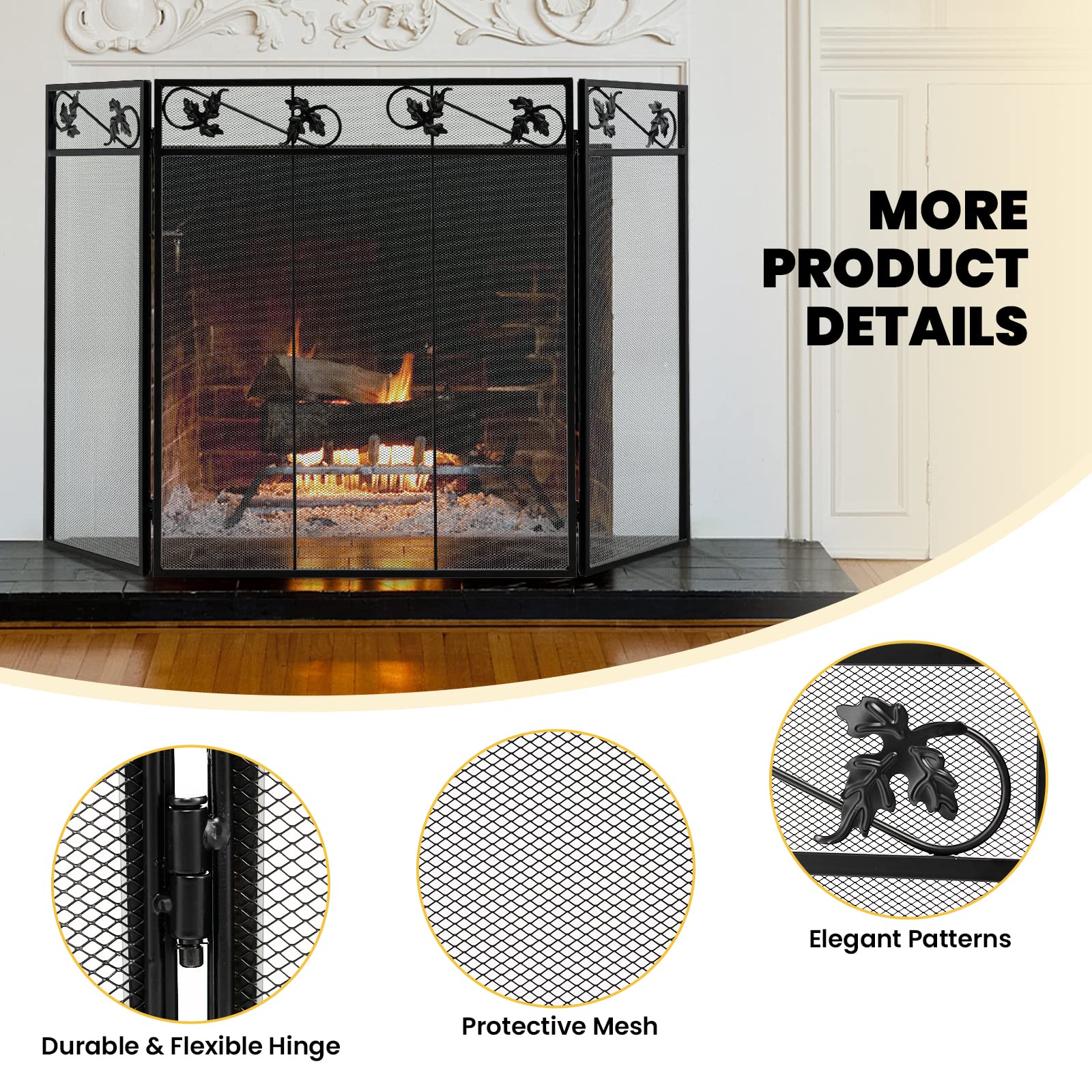 Giantex 3-Panel Fireplace Screen Black - 50 x 30 Inch Folding Antique Mesh Metal Flat Fireplace Screen