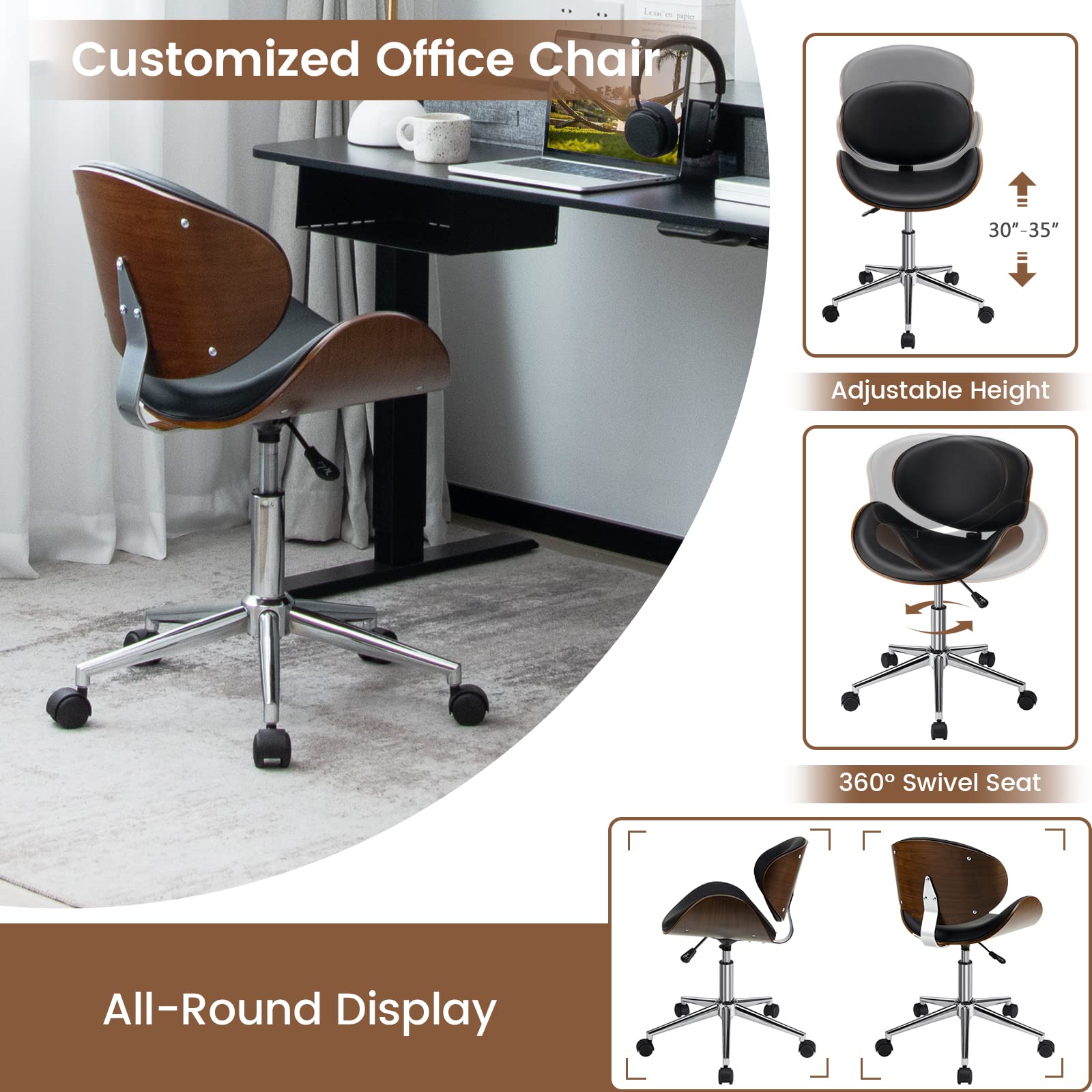 Giantex Home Office Chair, Adjustable Swivel Vanity Chair with Wheels Wing Back Curved Bentwood Seat (Black)