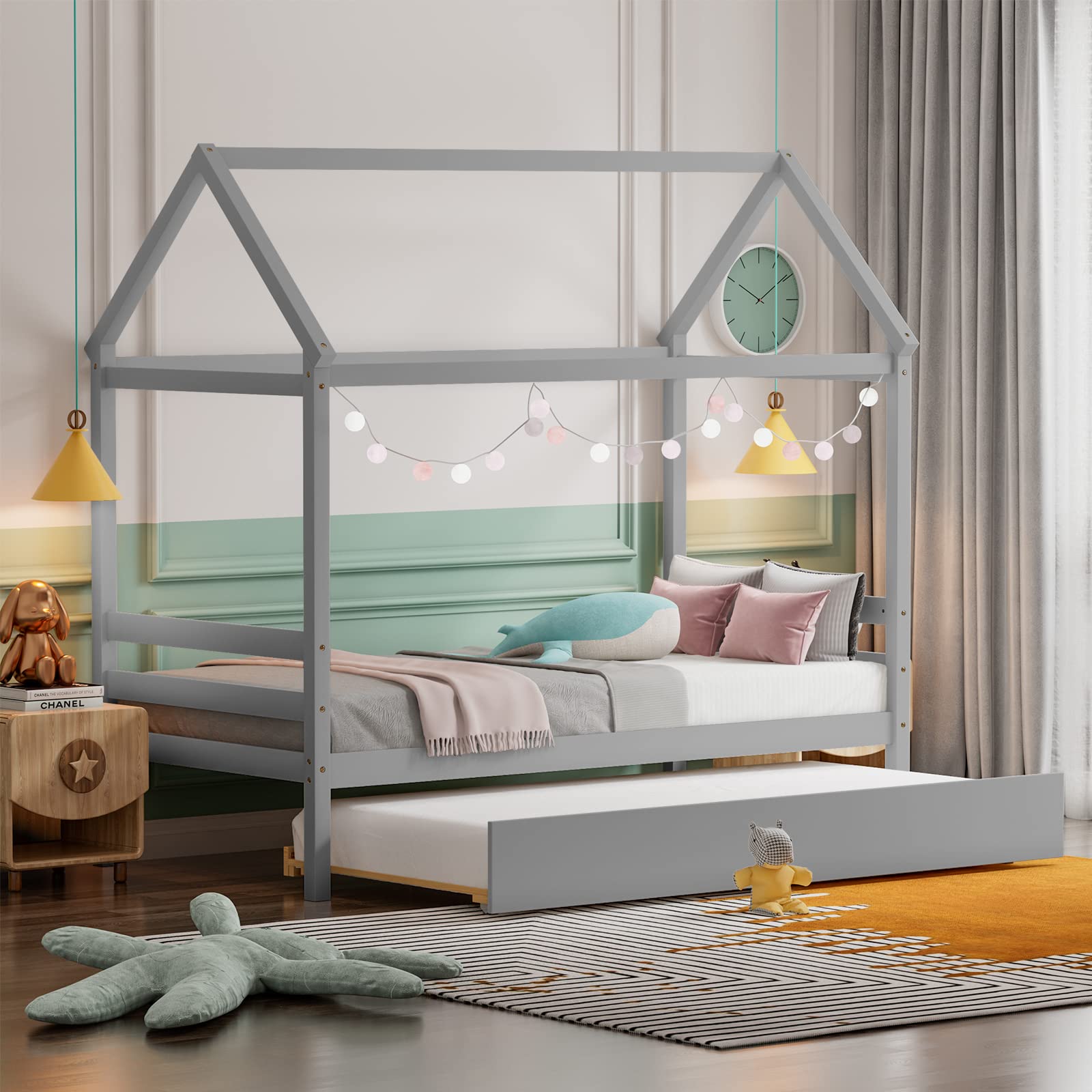 Giantex House Bed with Trundle, Solid Wood Twin Size Daybed for Girls & Boys