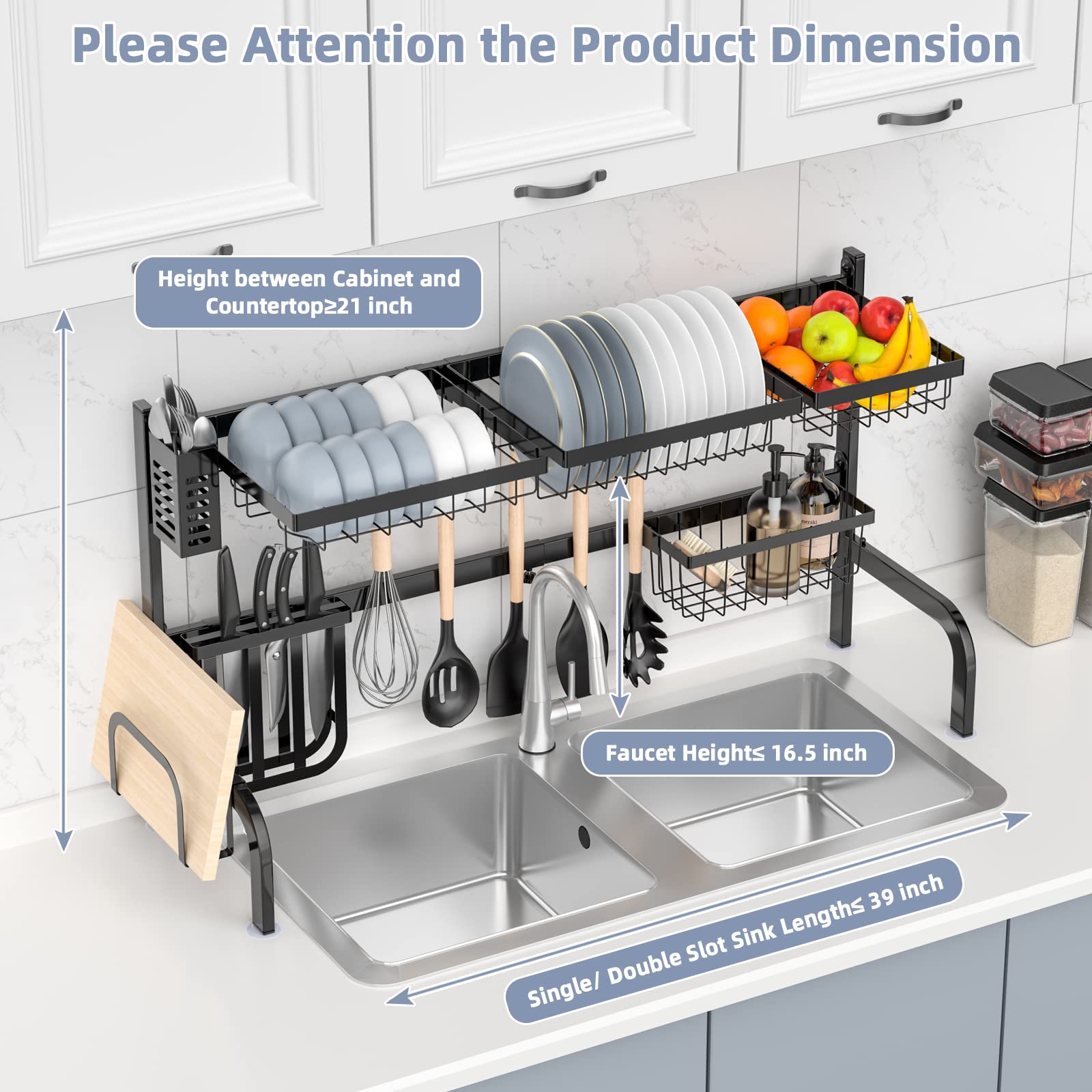 Giantex Over Sink Dish Drying Rack, 2-Tier Dish Drainer with Adjustable Length 21"-39" (Black)