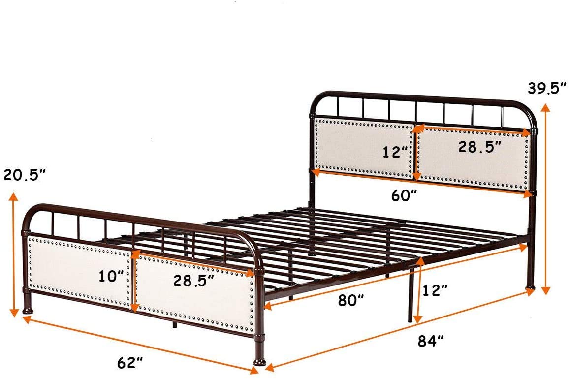 Queen Size Vintage Metal Platform Bed with Button Tufted Headboard & Footboard