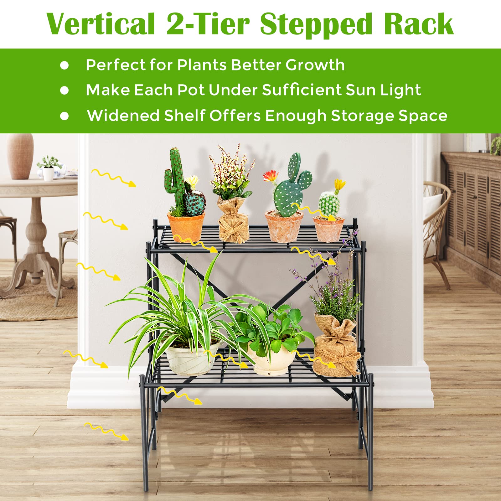 Giantex 2 Tier Stair Style Metal Plant Stand, Flower Pot Display Holder with Widened Grid Rack