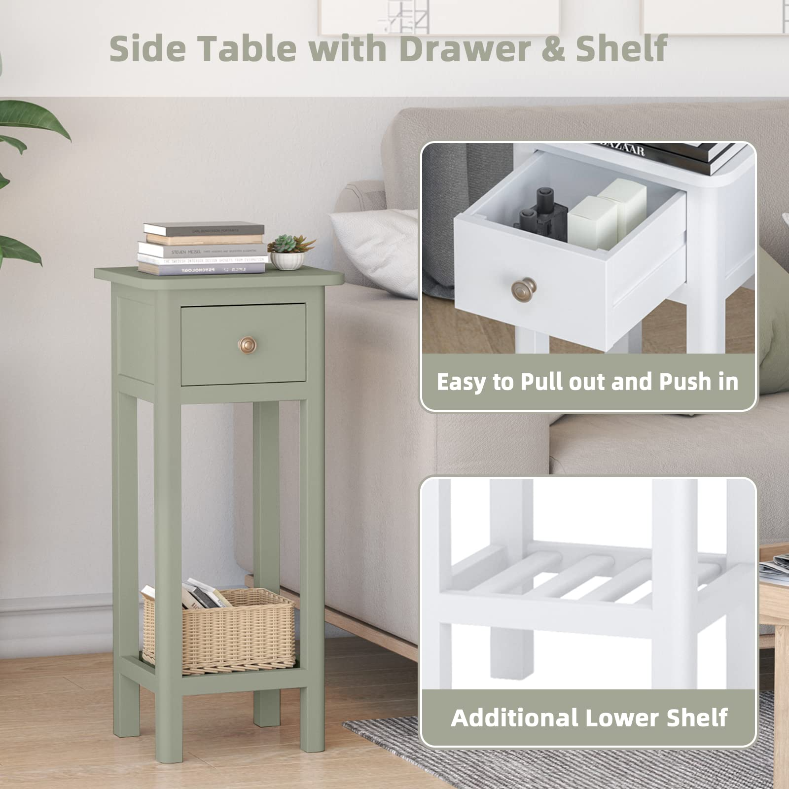 Small End Table | Wooden Slim Side Table for Small Space