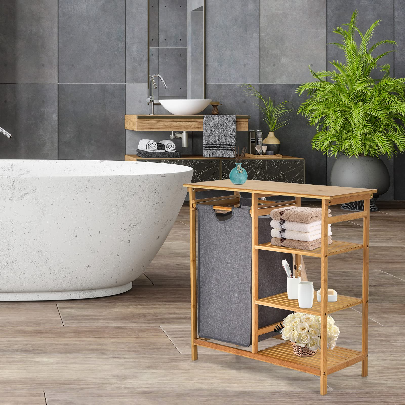 Freestanding Laundry Organizer w/ Removable Sliding Bag & 3-Tier Open Shelves