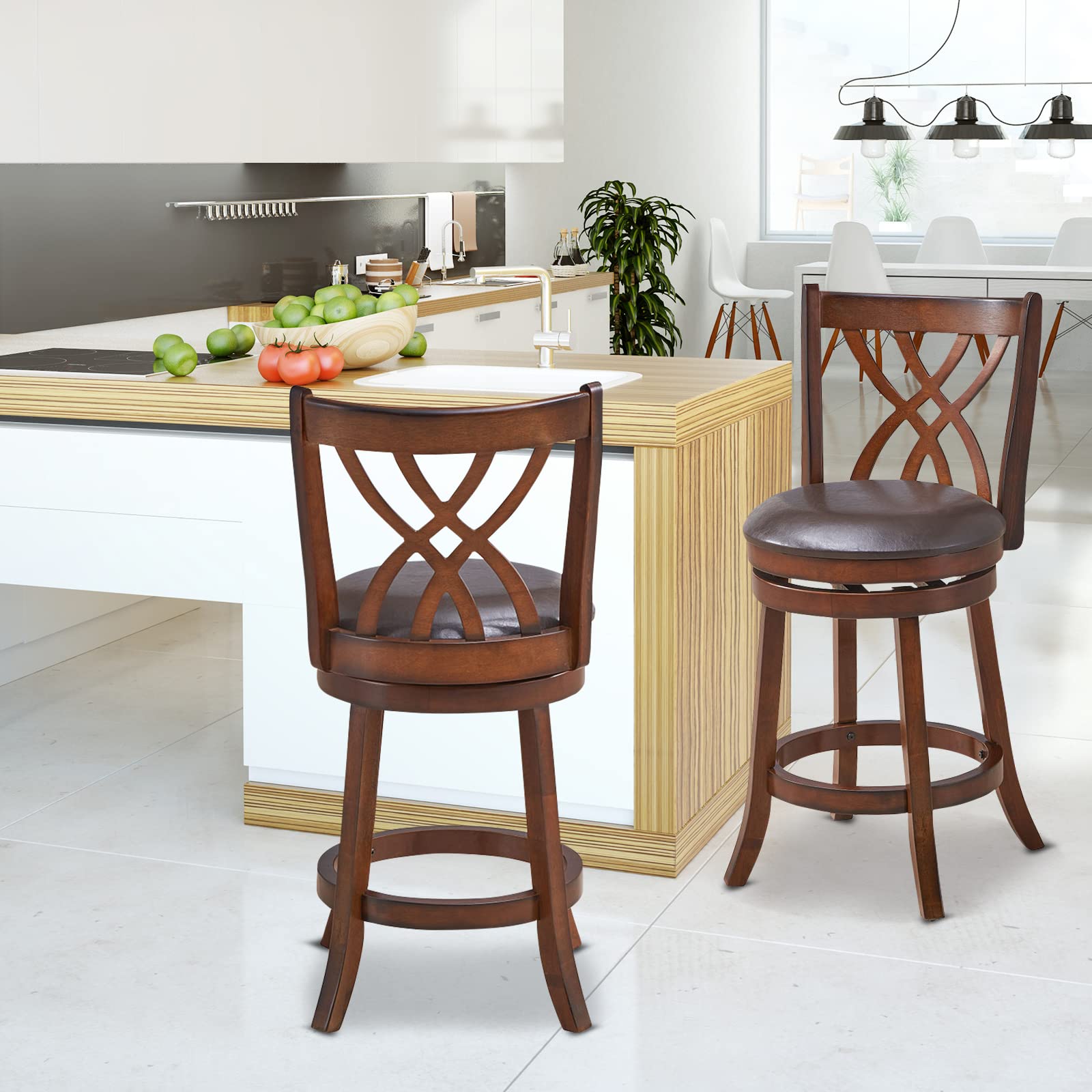 Giantex Brown Bar Stools PU Leather Cushioned Seat and Footrests, for Kitchen Island