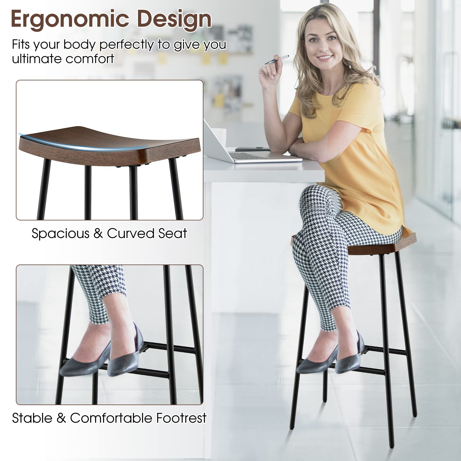 Industrial Saddle Stool with Footrest, Metal Legs, Adjustable Foot Pads, Backless Counter Height Chair for Living Room Kitchen Bar