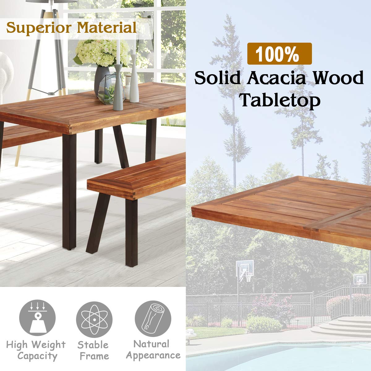 Patio Dining Table Set with 2 Benches, Outdoor Picnic Table Set with Umbrella Hole