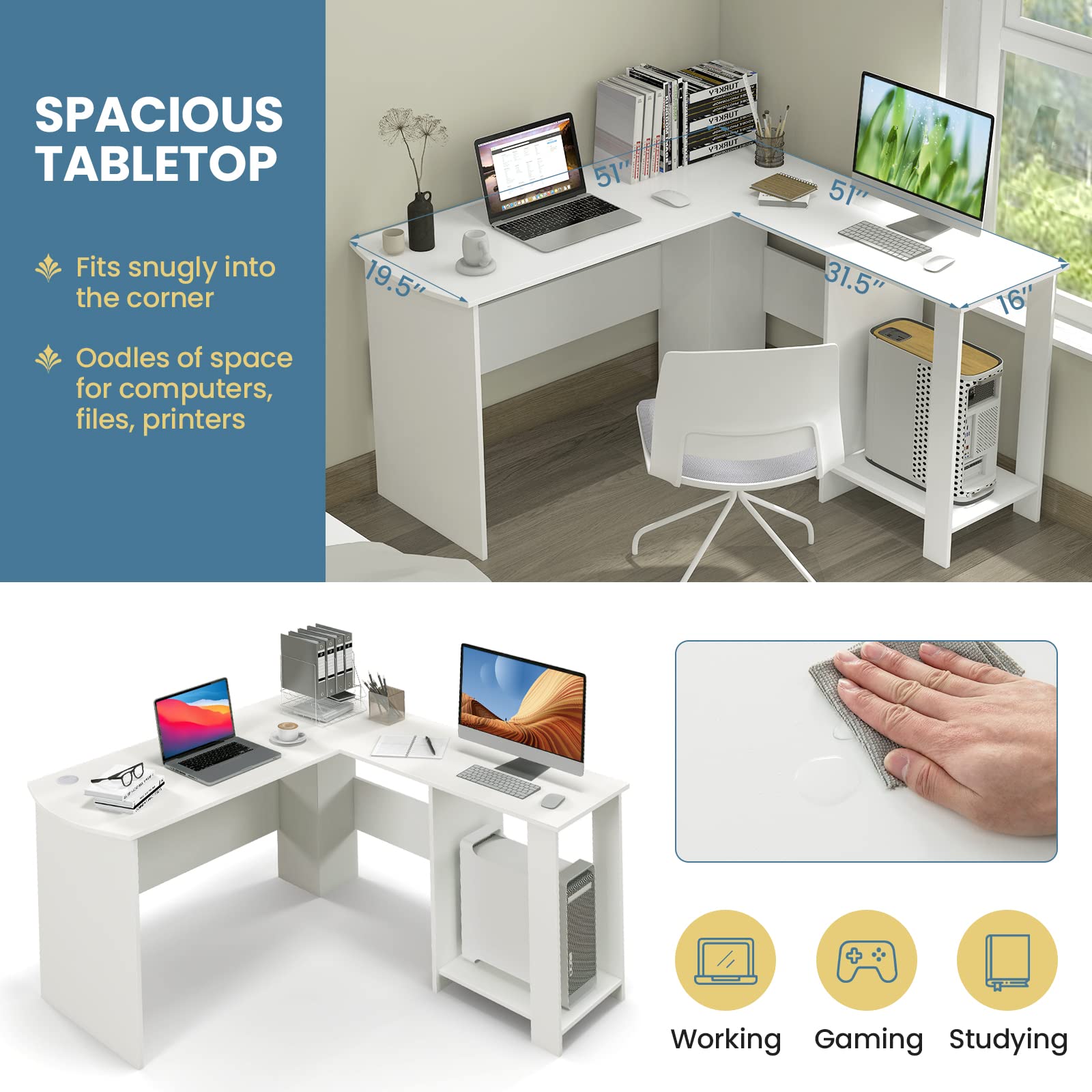 Giantex L Shaped Computer Desk, 51" Large Corner Desk with 2 Cable Holes & 2 Storage Shelves, White