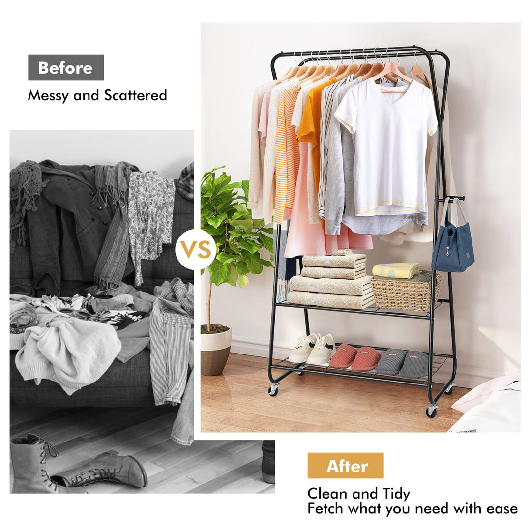 Giantex Metal Rolling Garment Rack, Clothing Rack with Wheels, Double Hanging Rods, 2 Shelves, 4 Hooks