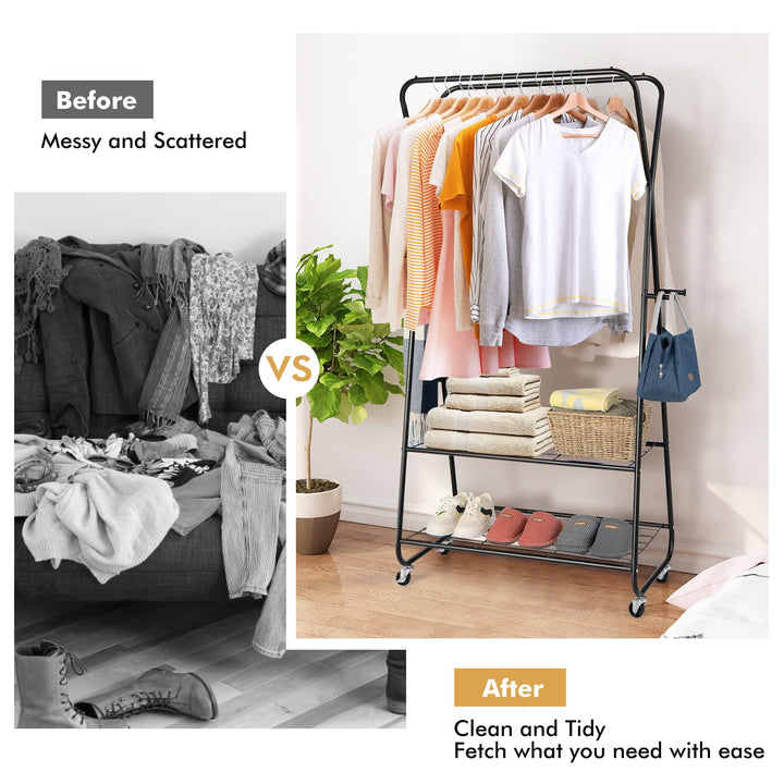 Giantex Metal Rolling Garment Rack, Clothing Rack with Wheels, Double Hanging Rods, 2 Shelves, 4 Hooks