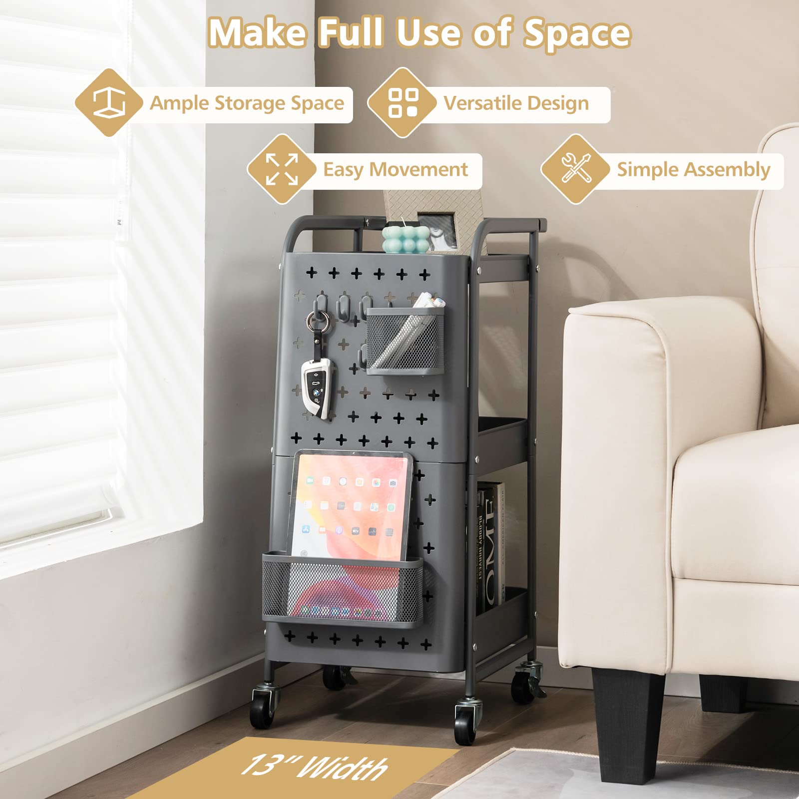 Giantex 3-Tier Utility Cart, Rolling Storage Organizer w/ Pegboards, 2 Mesh Baskets, 4 Hanging Hooks, Art Craft Trolley