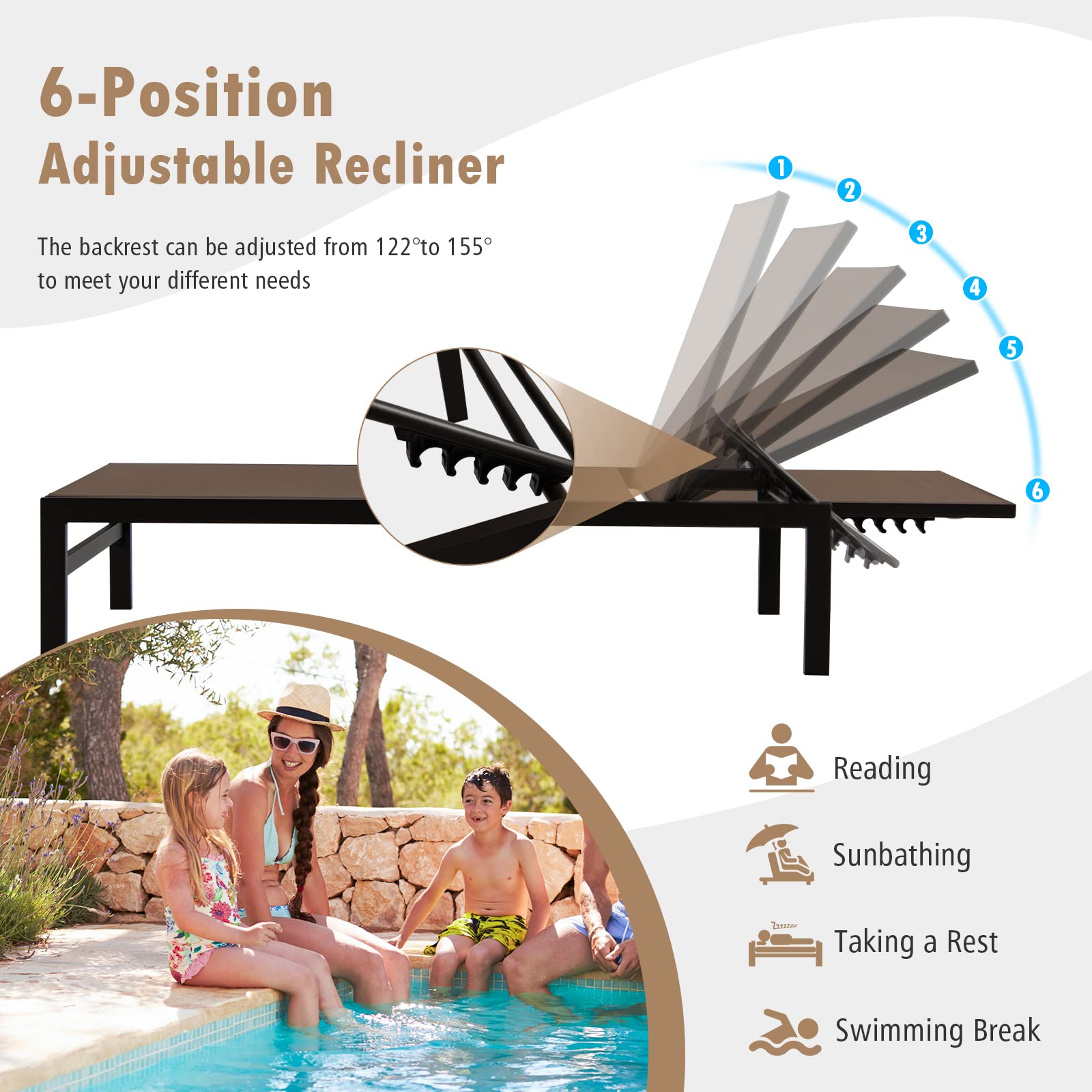 Giantex Patio Chaise Lounge Chair, Outdoor Sunbathing Chair Lawn Reclining Lounger with 6 Adjustable Position