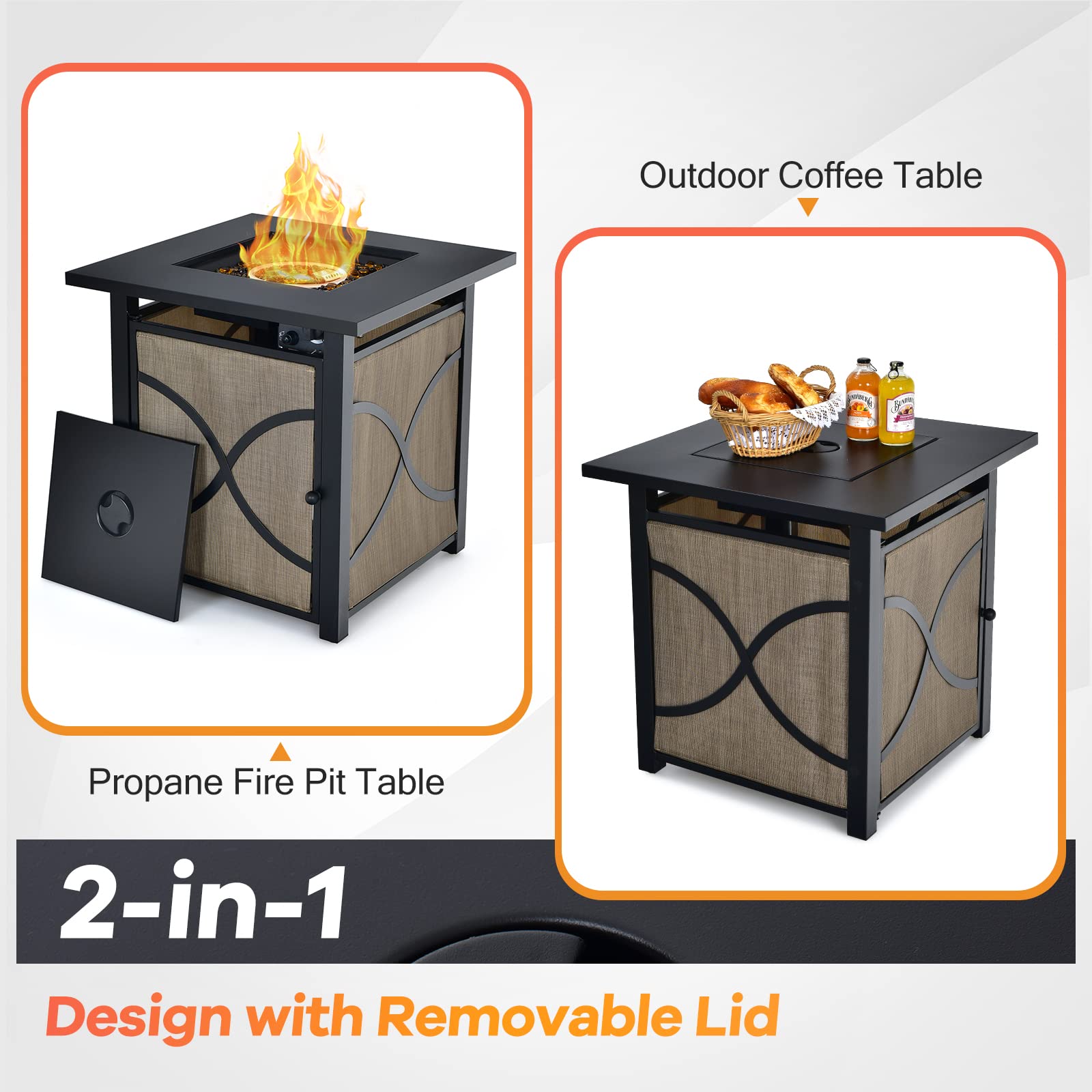 25-Inch Propane Fire Pit Table, 40000 BTU Square Gas Firepit Table with Lid
