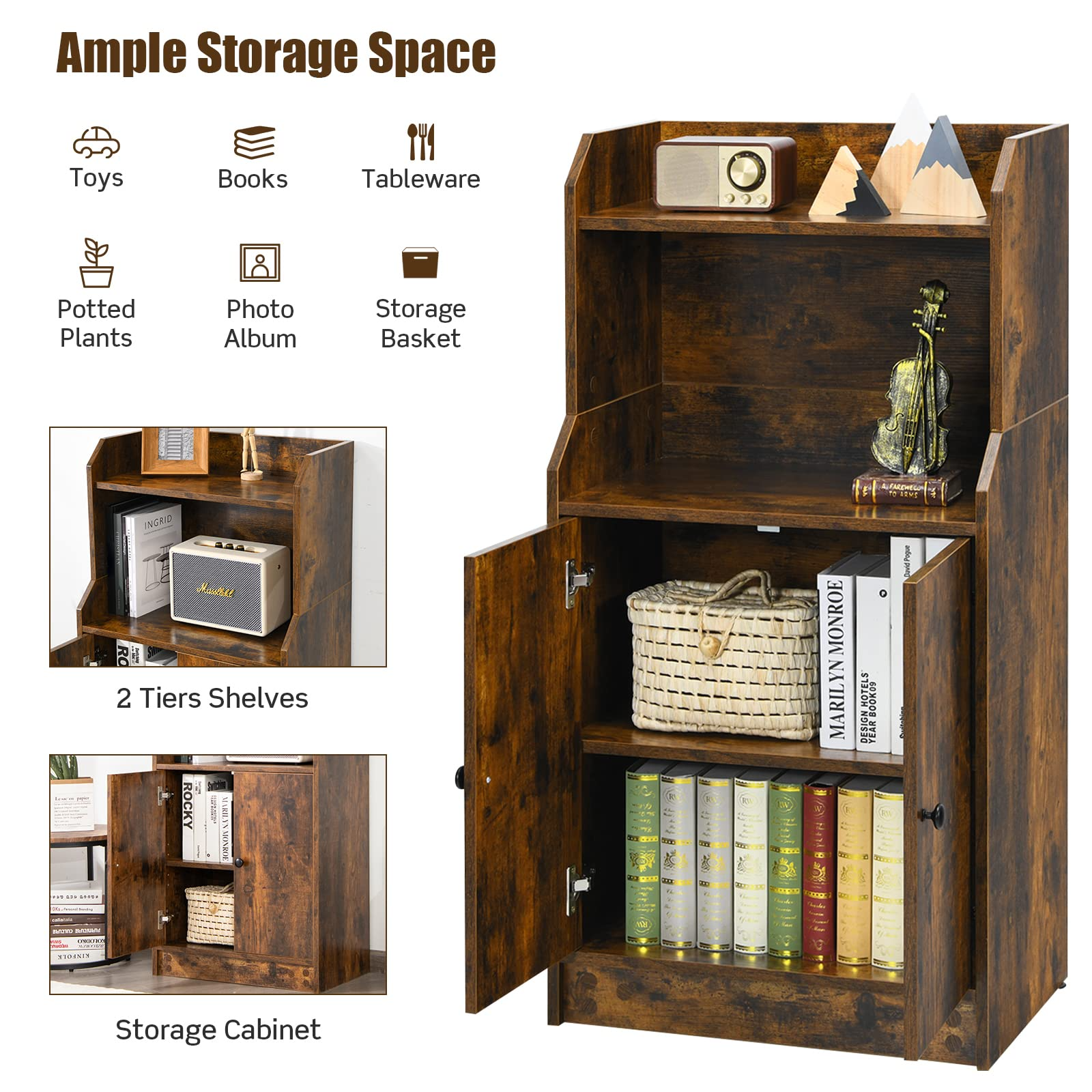 Rustic Brown 2 Doors Bookcase with Adjustable Shelf