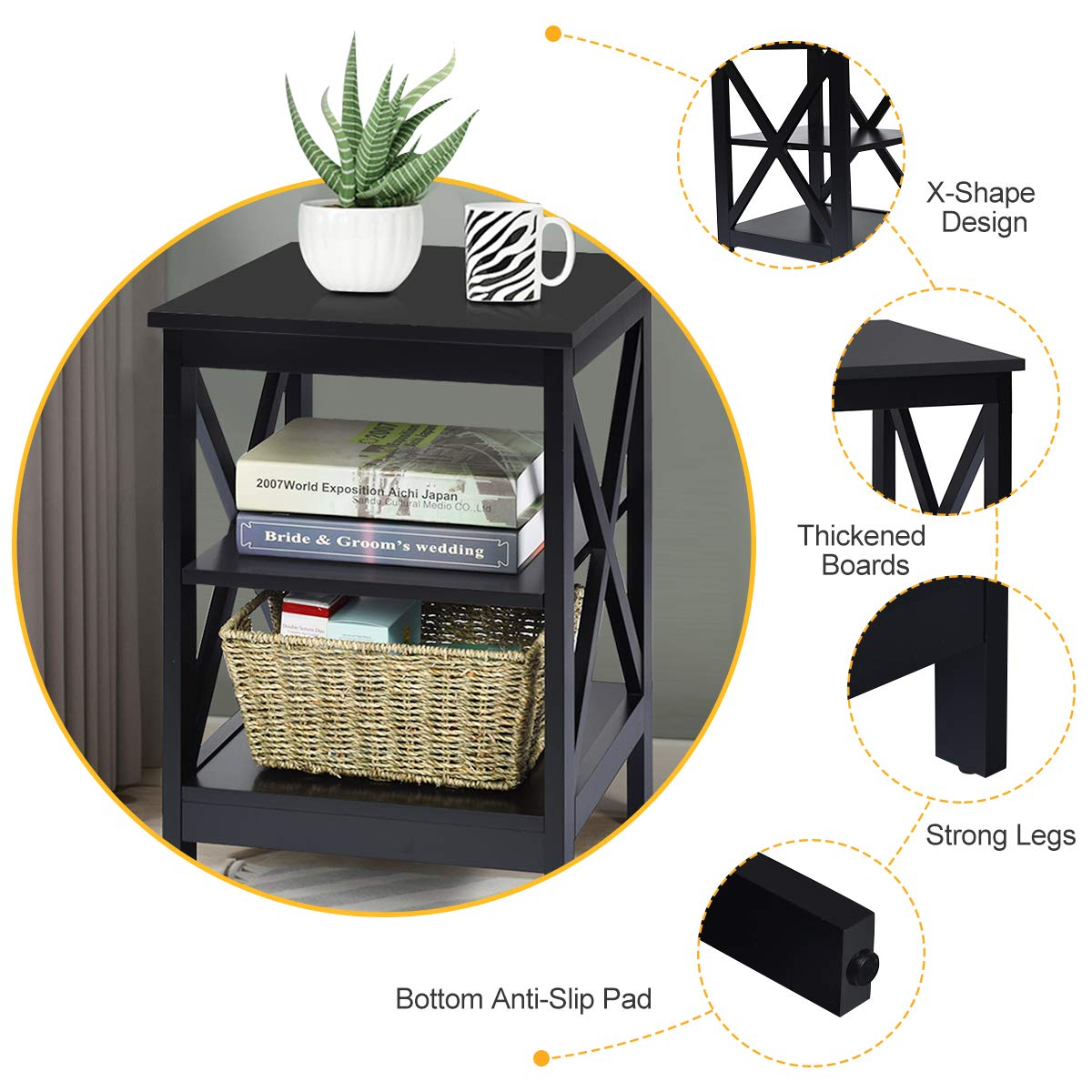 Nightstand 3-Tier X-Design W/Storage Shelves and Stable Structure Storage Organizer Display Sofa Side Table