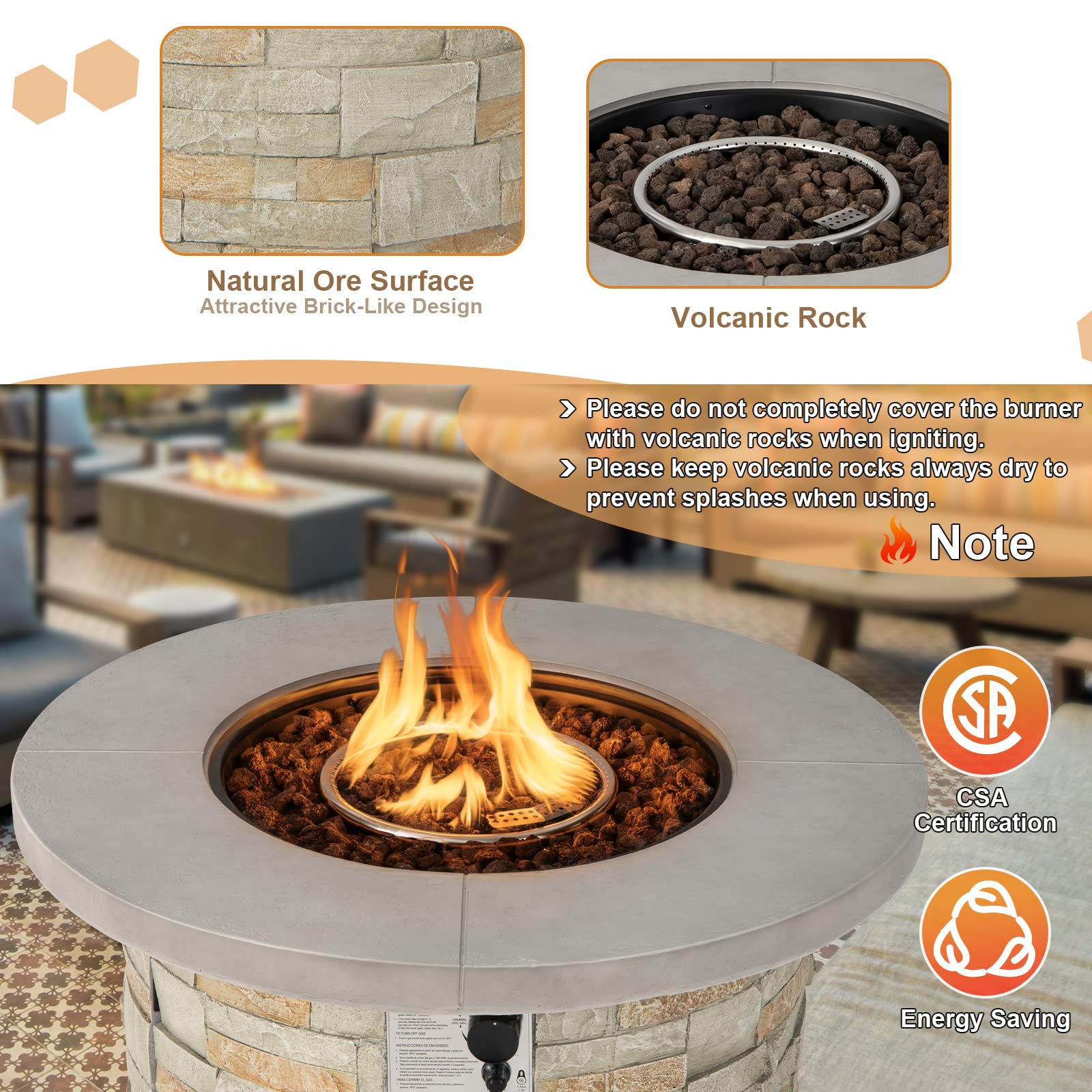 Propane Gas Fire Pit Table - 2-in-1 Outdoor 36" Round Fire Table W/ Volcanic Rock & PVC Cover