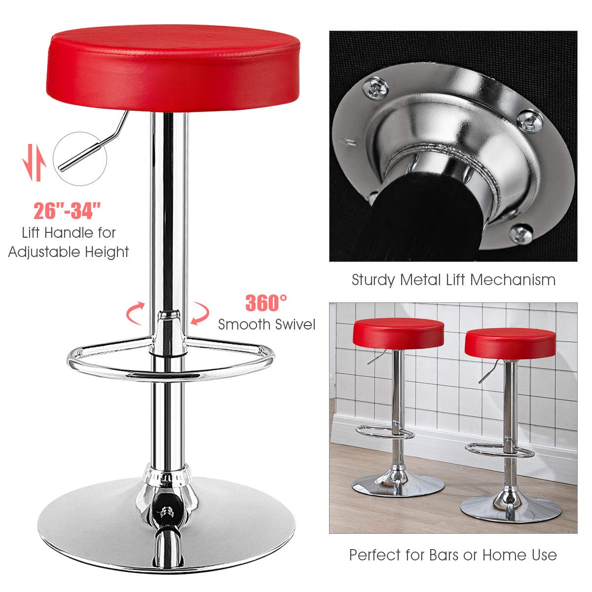 Modern Swivel Backless Round Barstool, PU Leather Armless bar Chair with Height Adjustable, Chrome Footrest