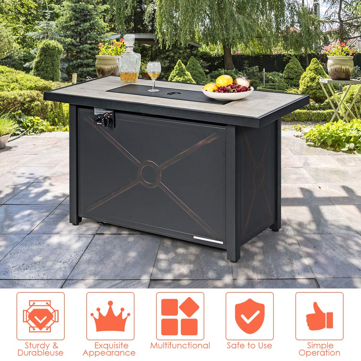 Giantex Gas Fire Pit Table w/ Ceramic Tabletop, 42 Inch 60,000 BTU Rectangular Propane Fire Pit Table