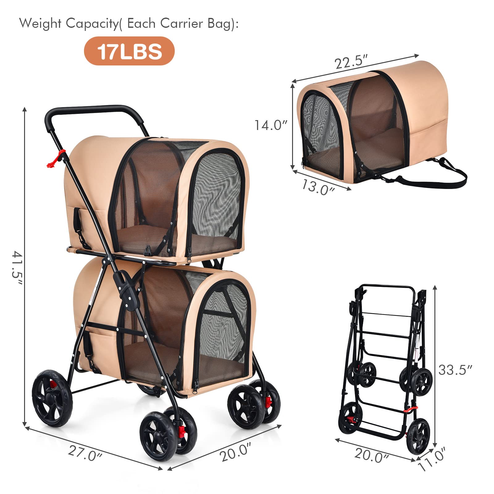 Double Pet Stroller with 2 Detachable Carrier Bags, 4 Lockable Wheels Cat Stroller