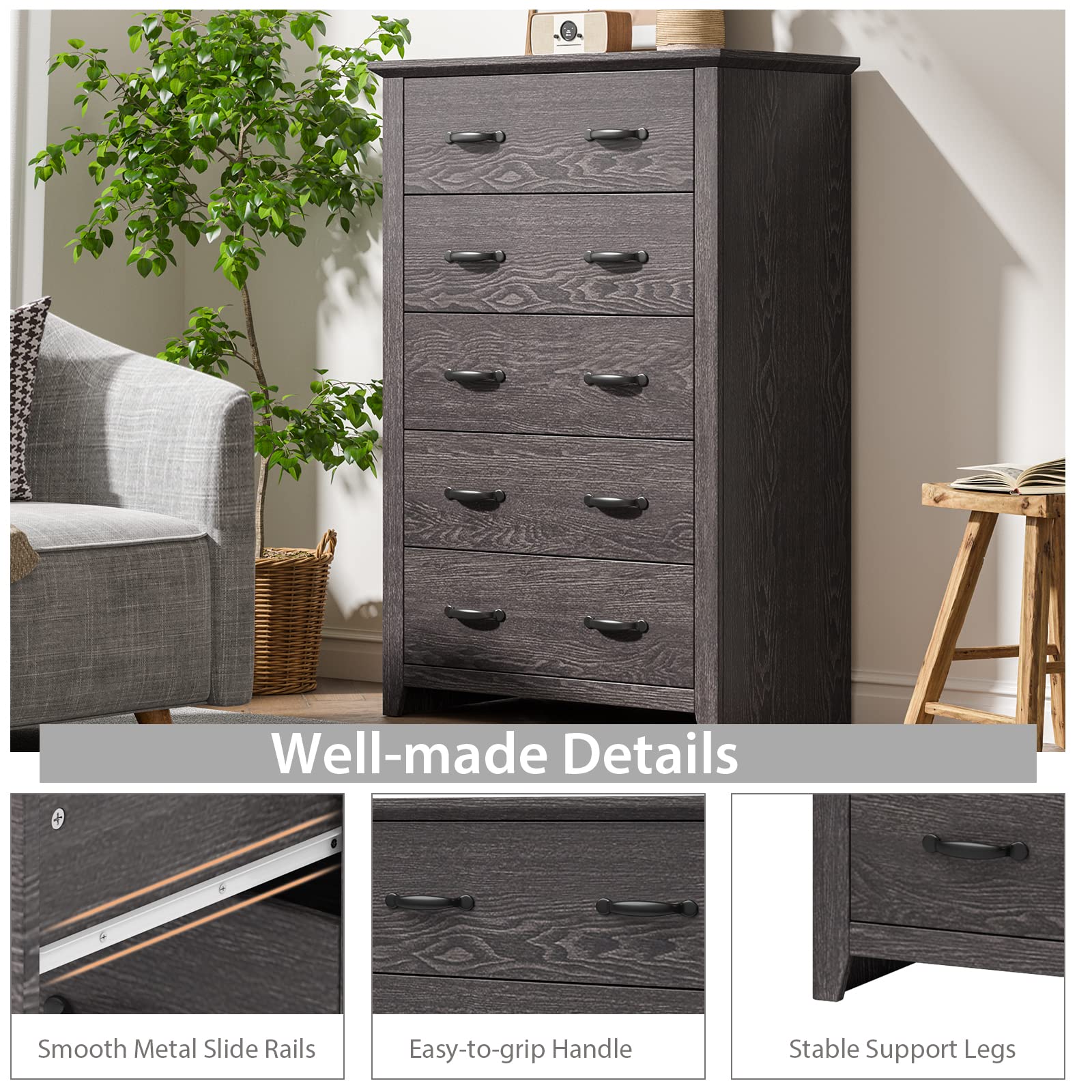 Giantex 5 Drawer Dresser Chest of Drawers - Vertical Dresser with 5 Pull-Out Drawers for Bedroom, Living Room, Entryway